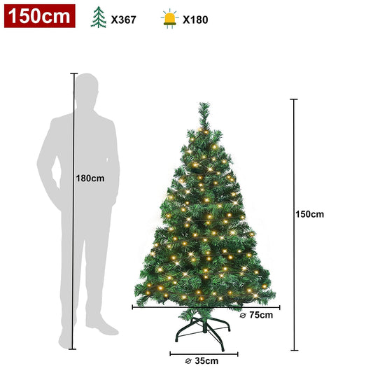Artificial Christmas tree with lighting 180 warm white LEDs including metal stand 367 tips, PVC Christmas tree for Christmas decoration reusable (150cm, Green PVC+LED)