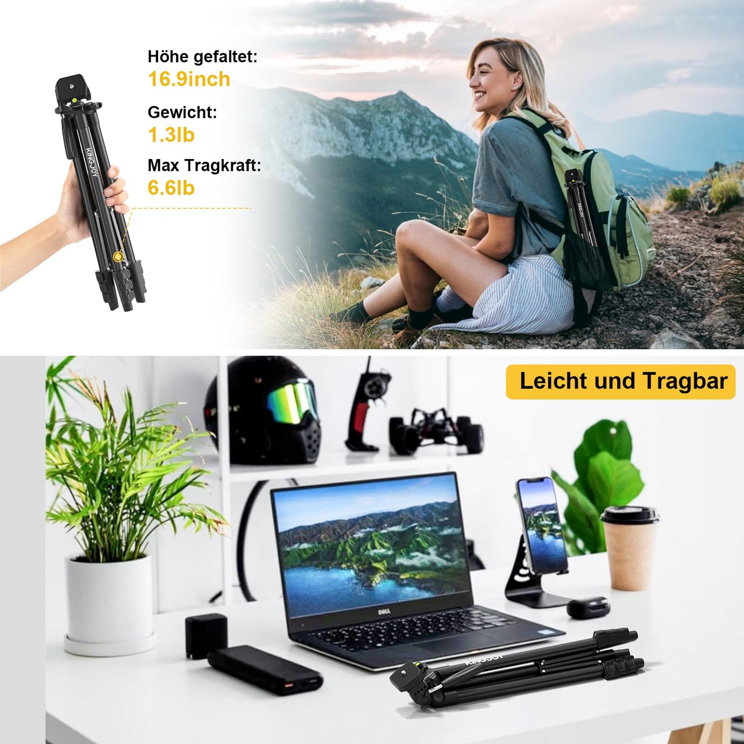 KINGJOY Cell Phone Camera Tripod 71" Lightweight Phone Tripod with Remote Shutter, 360° Rotation Portable Tripod with Tablet Phone Holder for Canon Nikon Action Camera