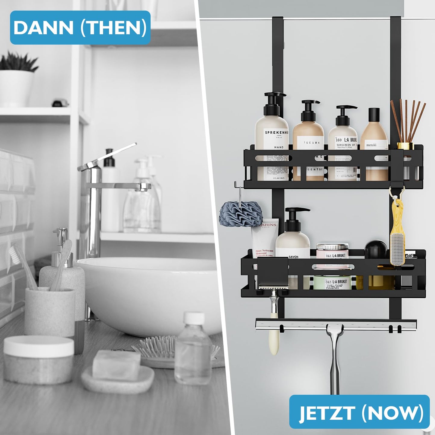 Reading tour shower shelf without drilling in black, hanging shower shelf for glass shower doors with 2 shower baskets, 4 fixed hooks, 1 glass wiper hook, and 2 movable hooks included.