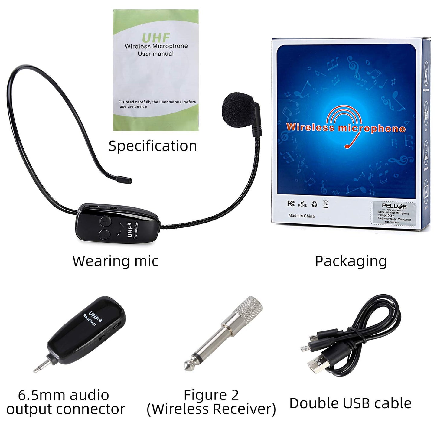 Wireless UHF microphone, Professional rechargeable wireless microphone headsets voice amplifier head mounted microphone voice amplifier with receiver.