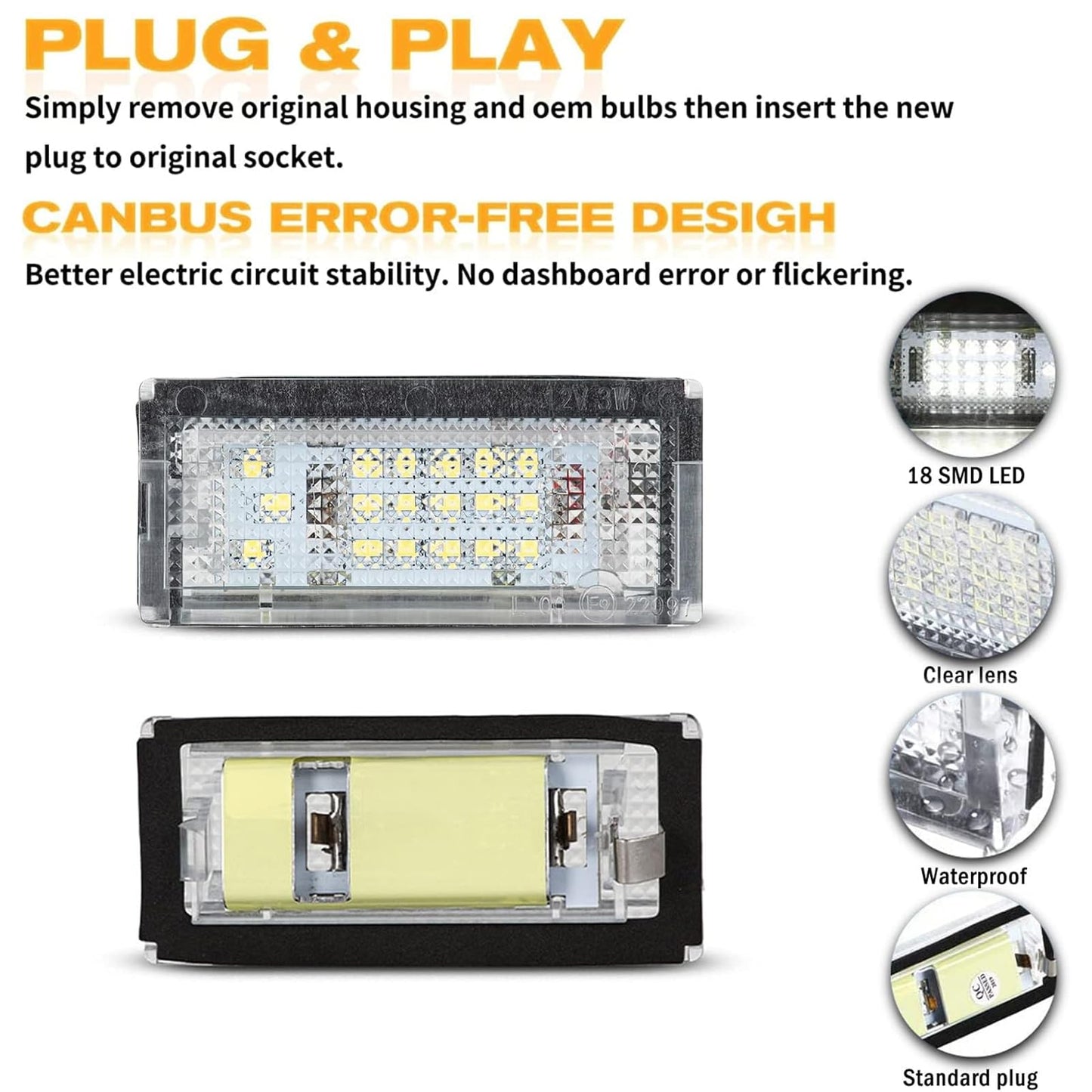 OZ-LAMP LED license plate light for BMW E46 4D Sedan 5D Touring, license plate with Canbus, number plate light, 18 * 2835 SMD, 2 pieces.