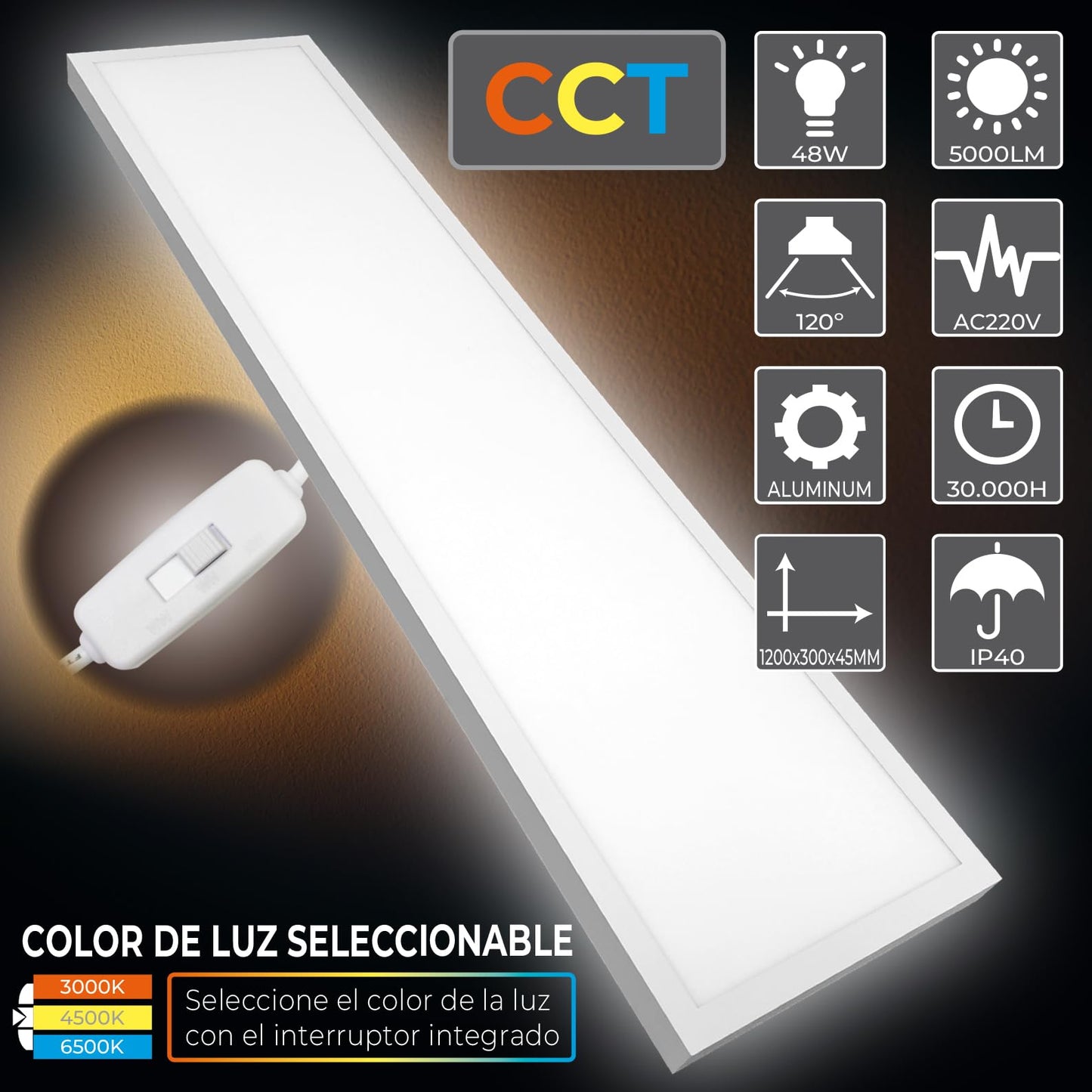 LED ATOMANT pack of 2 mounting frames + LED recessed panel lights 120x30cm 48W, CCT (color selection switch Warm White, Neutral White or Cool White), 5000 lumens, driver included