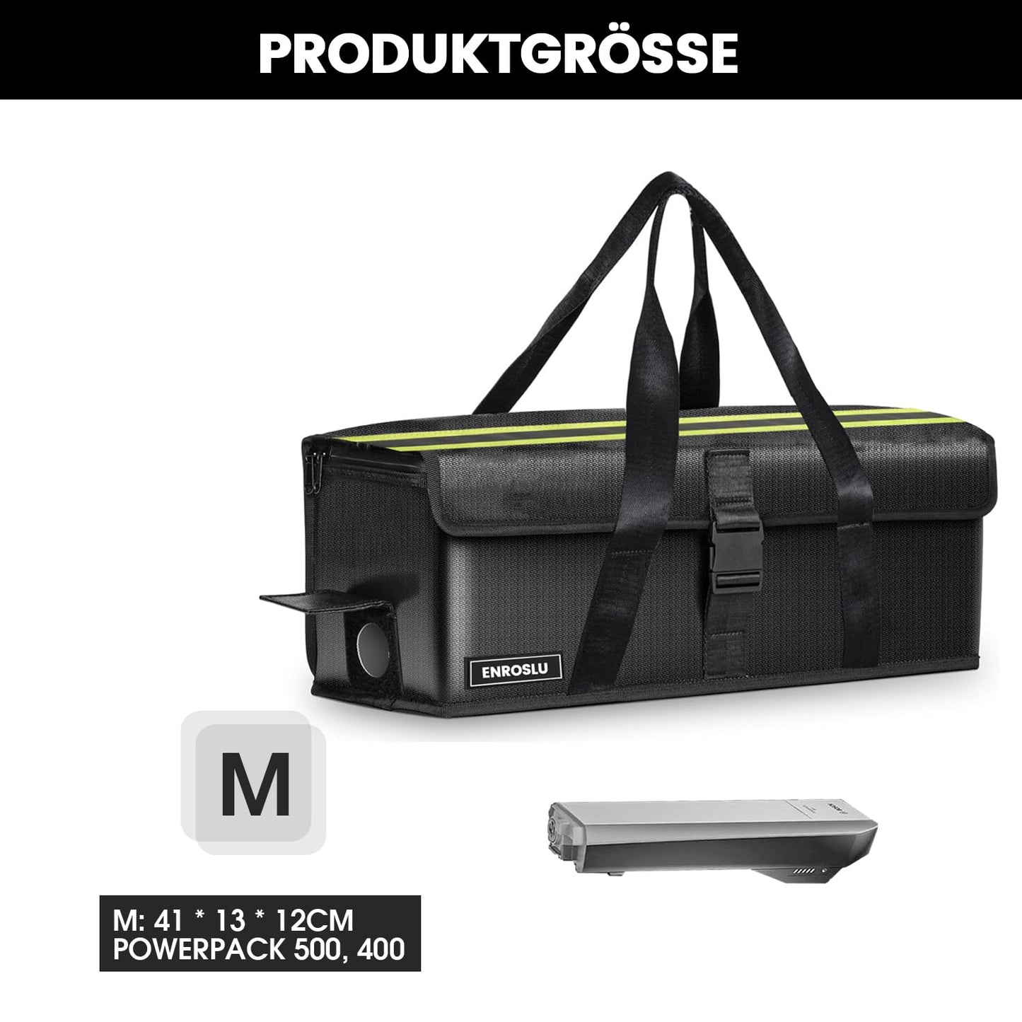 ENROSLU Ebike battery bag, 8 layers of fire protection, fire-resistant up to 2300°C, waterproof, explosion-proof, Lipo-safe bag for storage, transportation - Size M.