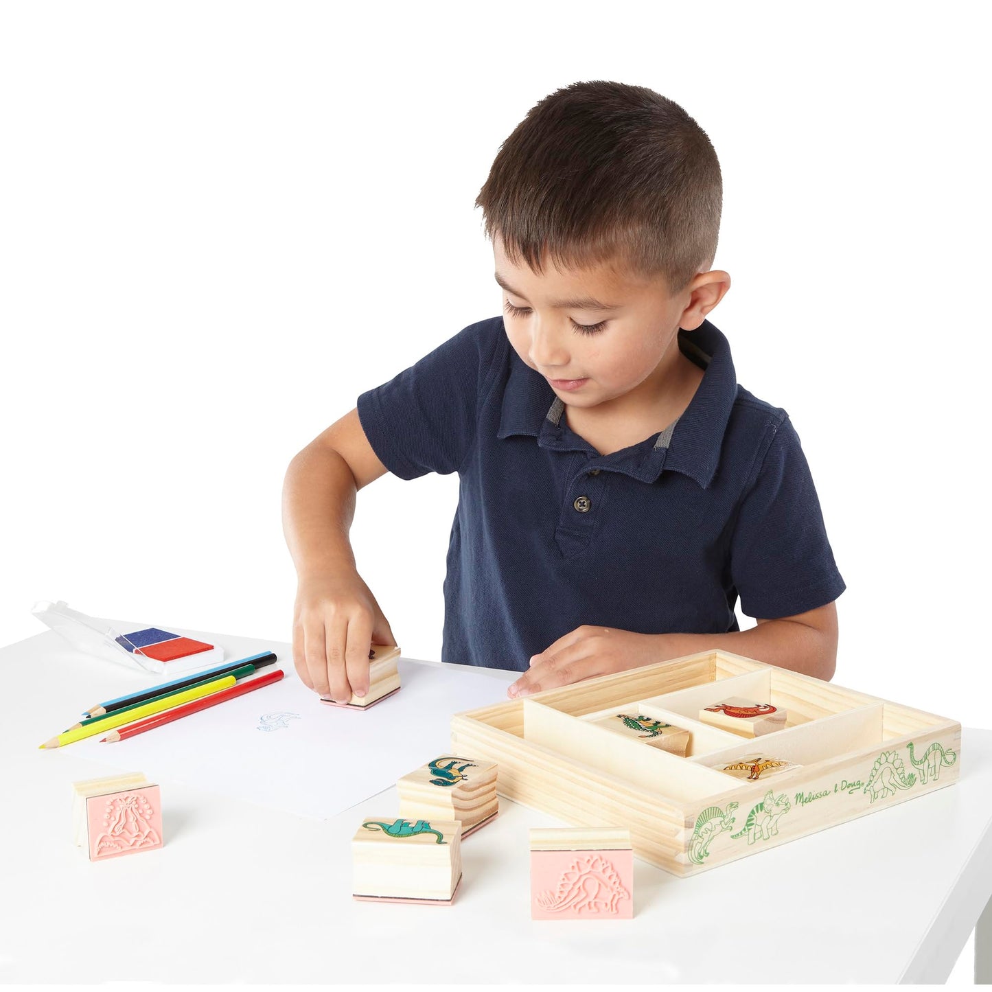 Melissa & Doug wooden stamp set Dinosaur with 8 stamps, ink pad, and colored pencils | Creative toy | For children aged 4 years and up