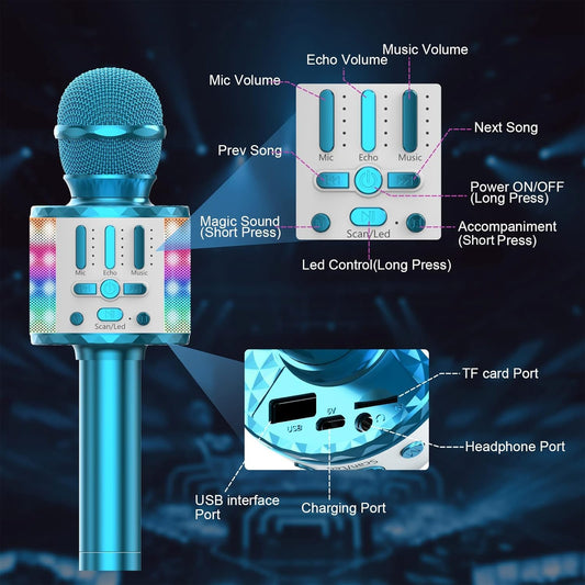 Karaoke microphone, Wireless Bluetooth kids microphone with LED lights, Portable children's karaoke machine, Handheld microphone with speaker recorder for Android/iOS/PC/Smartphone