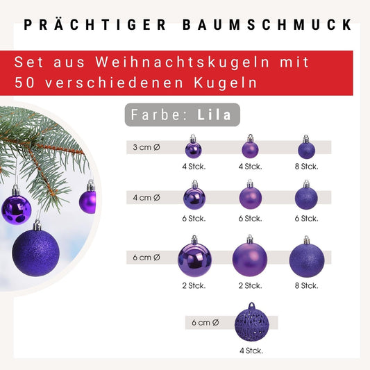 50 & 100 piece WOMA Christmas baubles set in purple & 22 other colors - Plastic Christmas tree ornaments for decoration & festive charm.