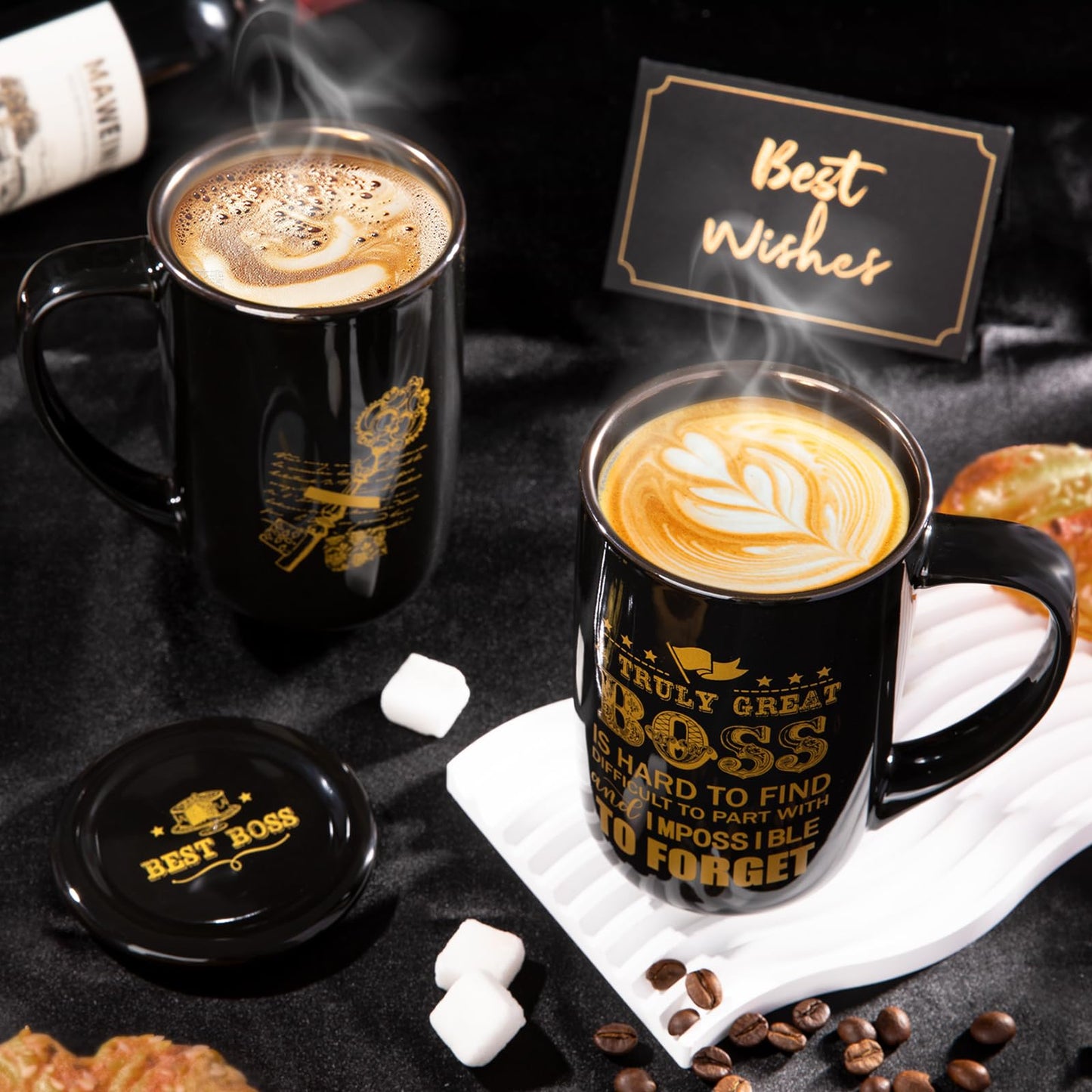 Doublewhale Boss Gifts, Best Boss Mug, Gifts for Men for Birthday, Farewell, Night Out, Retirement, Boss Day, Christmas, 530ml, black ceramic coffee mug with spoon lid card, beautiful.