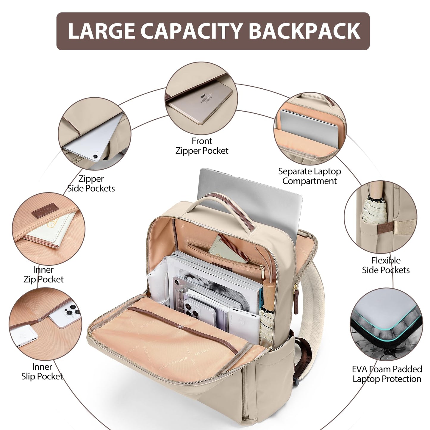 GOLF QUALITY laptop backpack, carry-on backpack 16 inches, backpack for women and men, waterproof business backpack, daypack for school, cycling, leisure, and travel in apricot color.