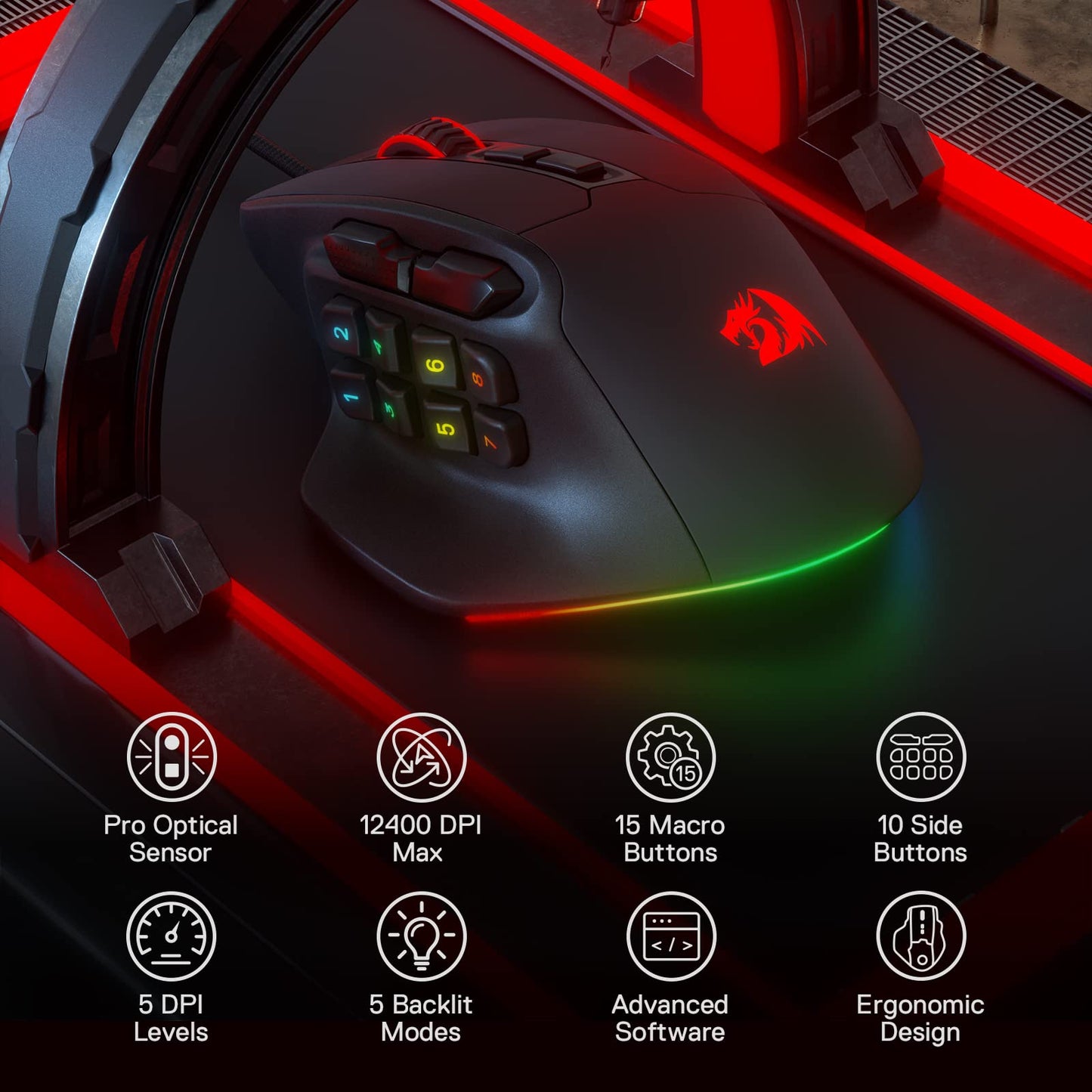 Redragon M811 Aatrox MMO Gaming Mouse, 15 programmable buttons wired RGB mouse with ergonomic grip, 10 side macro keys, software support & backlighting.