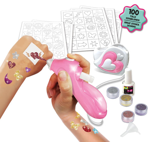 Lena 42443 - Airbrush Tattoo Studio with 100 stencils and 4 glitter colors, spray kit for sparkling tattoos on the skin, spray pen station for colorful kids' tattoos, tattoo set for children aged 8 and up.