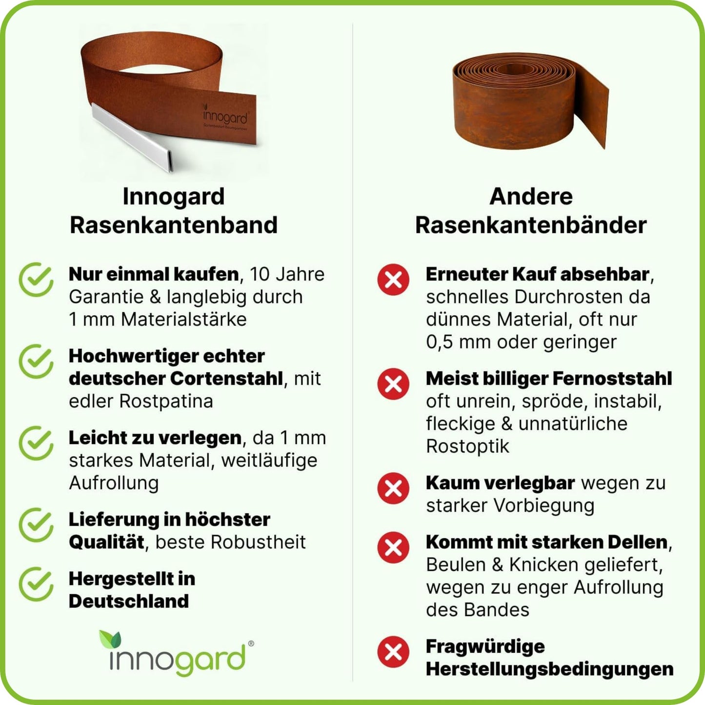 innogard lawn edge Corten steel L10m H25cm - Flexible bed edging 1 mm thick lawn edging tape for garden bed bordering bed edging