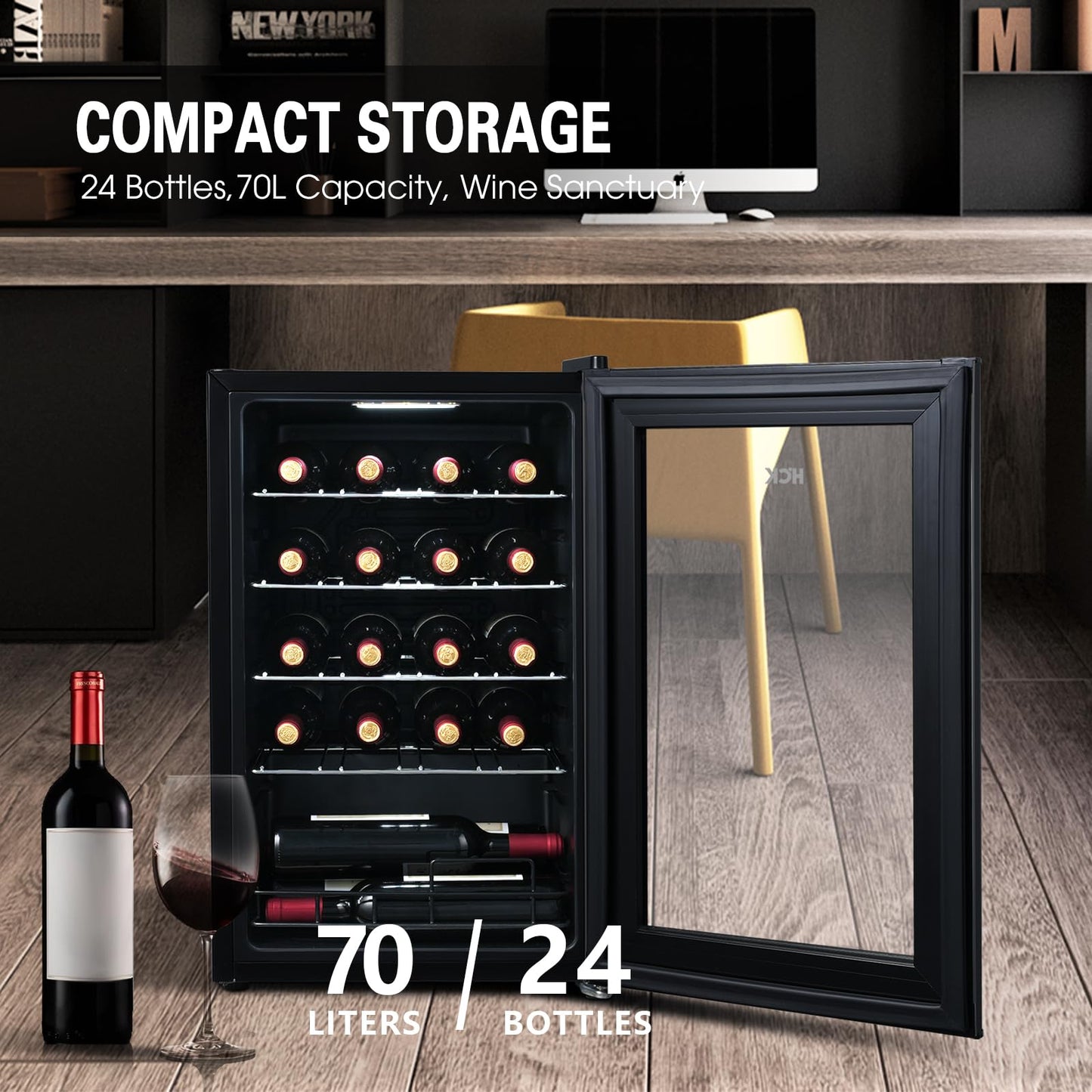 HCK 70L Wine Cooler for 24 bottles, 4-22°C Wine Fridges Bottle Cooler, Beverage Cooler with Glass Door, Quiet Wine Cabinet, Frost-Free Glass Door, Full Glass Touch Panel, Black