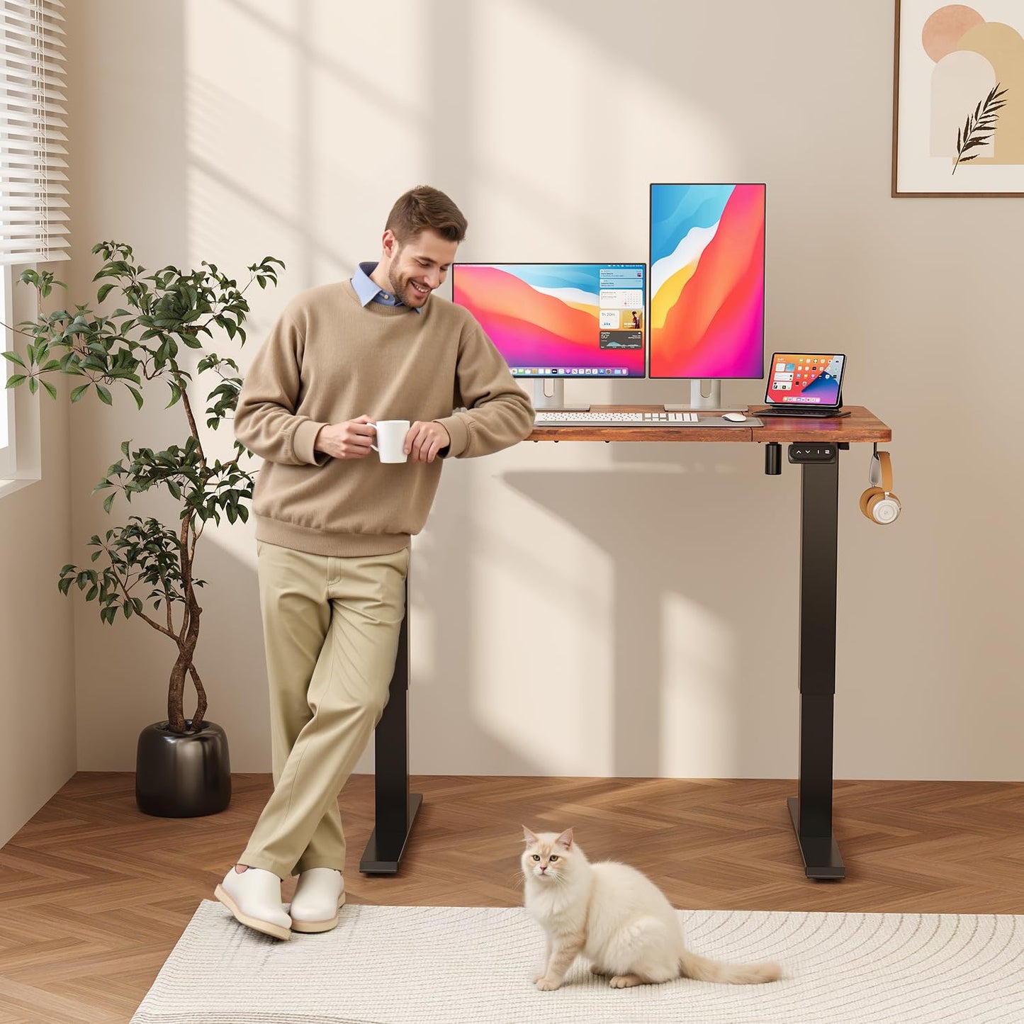 JUMMICO Adjustable Height Standing Desk Electric Standing Desk with Memory Function 140 x 60 cm, Brown.