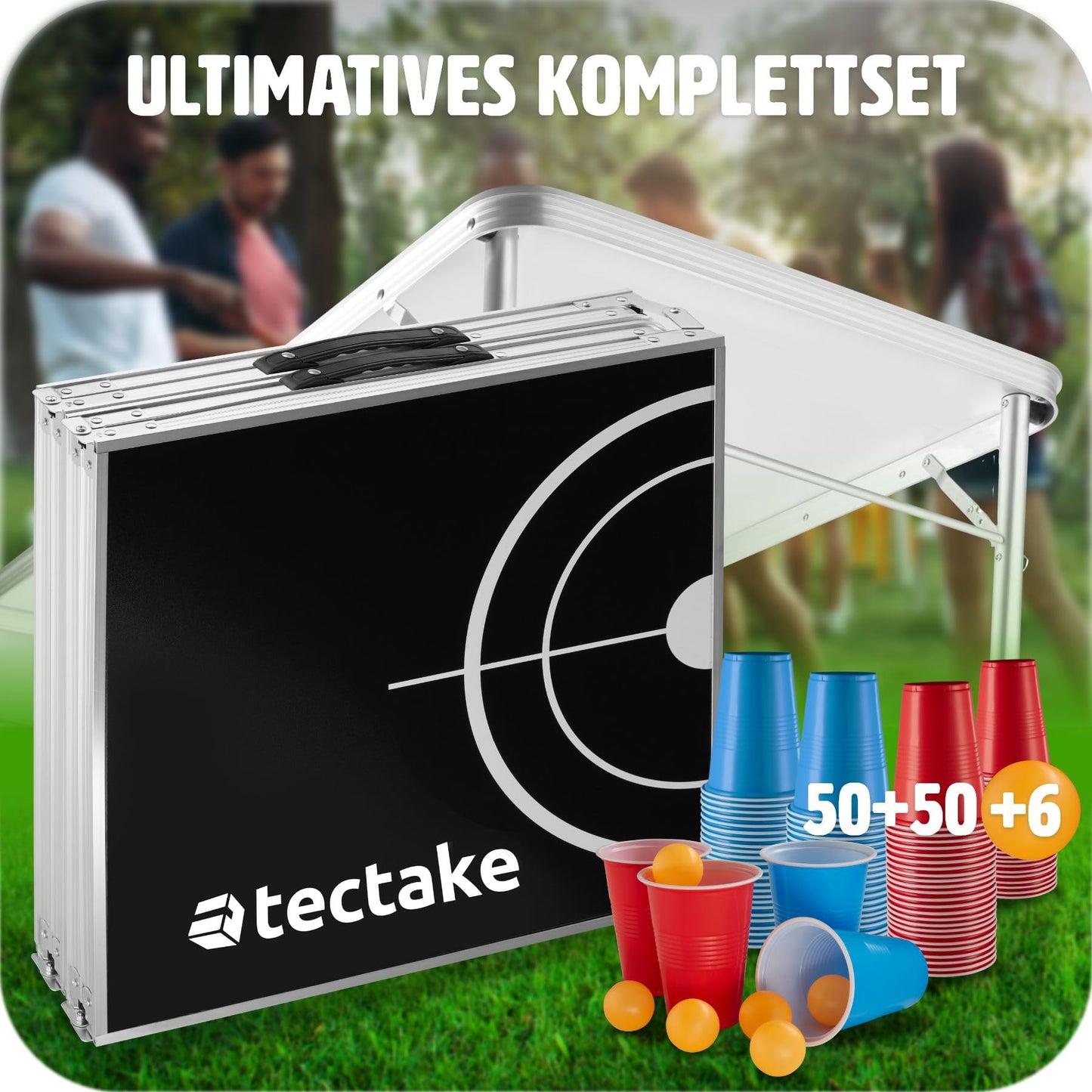tectake® Beer Pong Table, includes 100 cups (50 red & 50 blue) and 6 balls, adjustable height, foldable table with carrying handles, adult party games, drinking game.