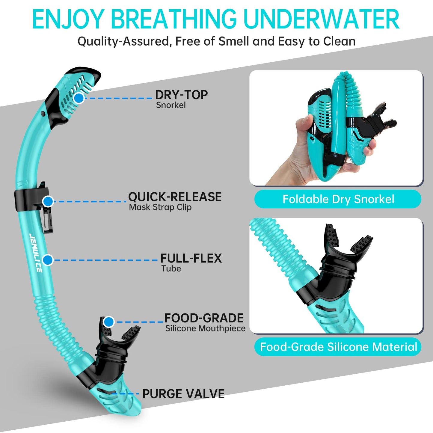 JEMULICE Adult Snorkel Set, with diving mask and dry snorkel for men and women, anti-leak & anti-fog tempered glass mask for diving, snorkeling, and swimming.