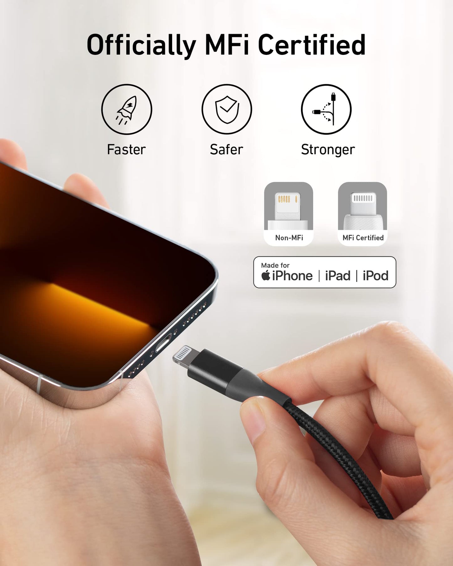 Anchor 551 iPhone charging cable, Lightning cable iPhone cable 3m, MFi certified for iPhone 14/13/12/11/X/XS/XR/SE/8 Plus/7/6, iPad (Black)