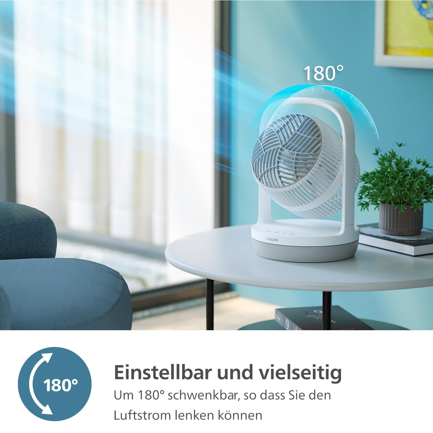 Philips Table Fan Series 2000. Powerful & super quiet with SilentWings Technology. 23 dB. Air circulation. Adjustable tilt up to 180°. 12-hour timer. Bedroom, home, & office. White (CX2050/00)