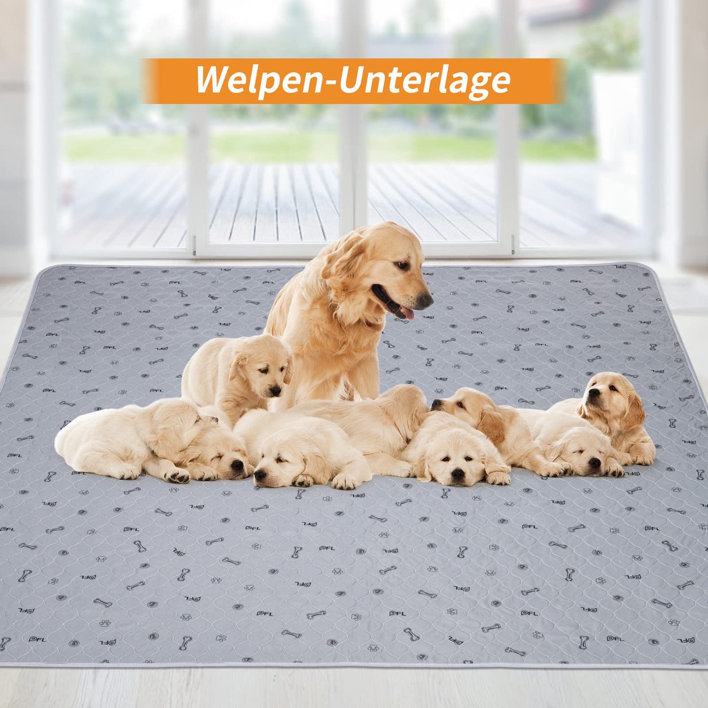 2 highly absorbent puppy pads, 122*122cm waterproof and washable puppy training pads, non-slip dog blanket for dog crate, sofa, and floor in grey color.