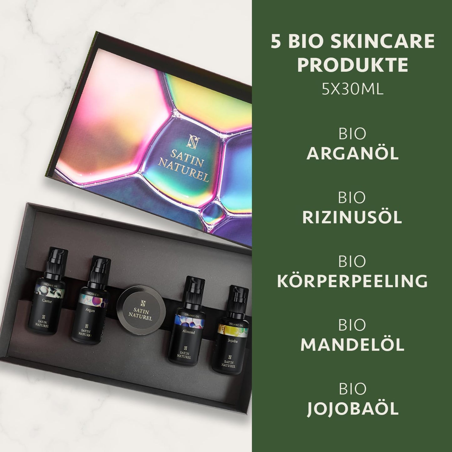 Satin Naturel pampering gift set with organic argan oil, castor oil, almond oil, jojoba oil & body scrub made from Dead Sea salt - luxury gift box natural cosmetics - gift for women