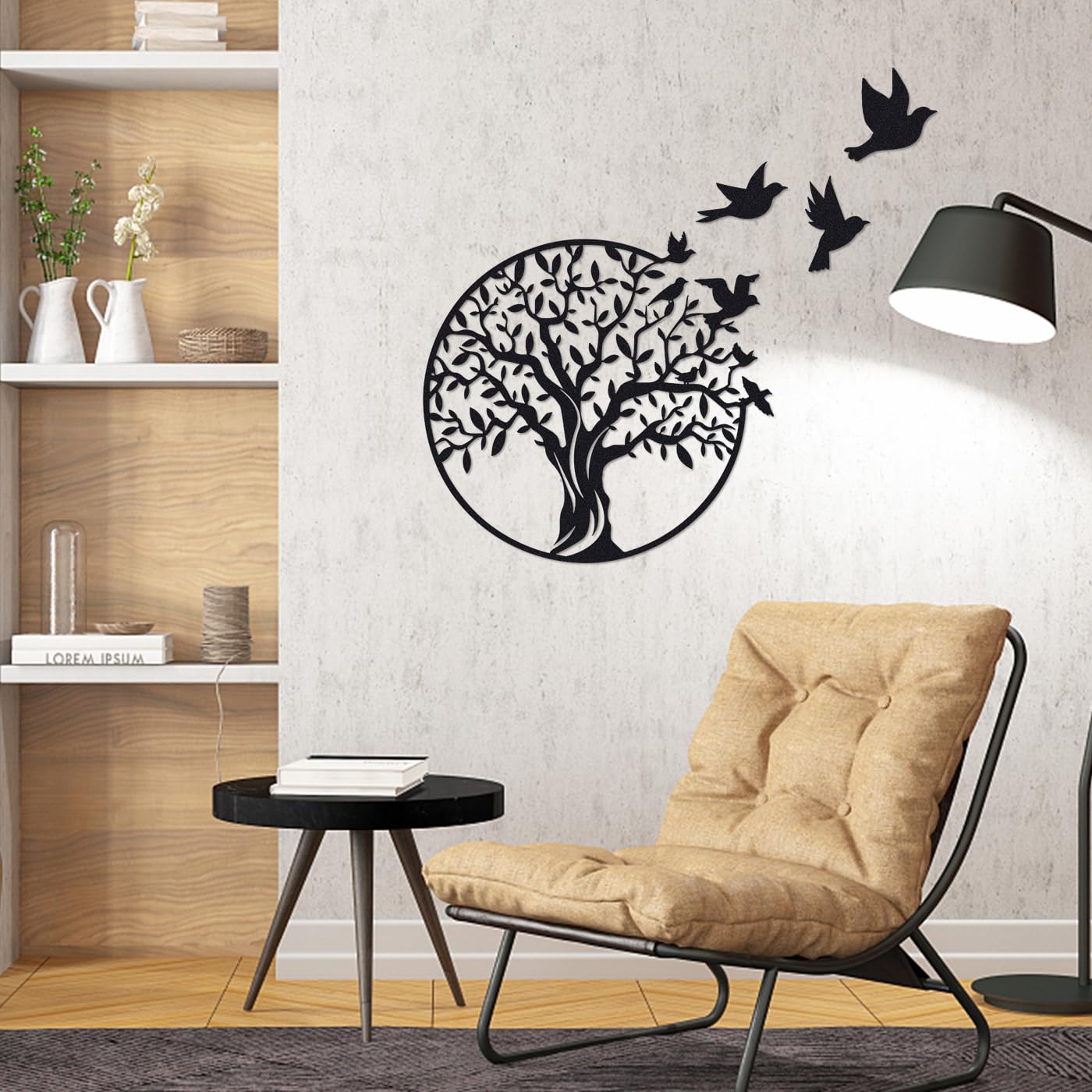 Luccyle metal wall art, Metal Tree of Life wall decoration silhouette, family tree with birds on branch, home decor for bedroom, living room, kitchen (Black, 49x49cm)