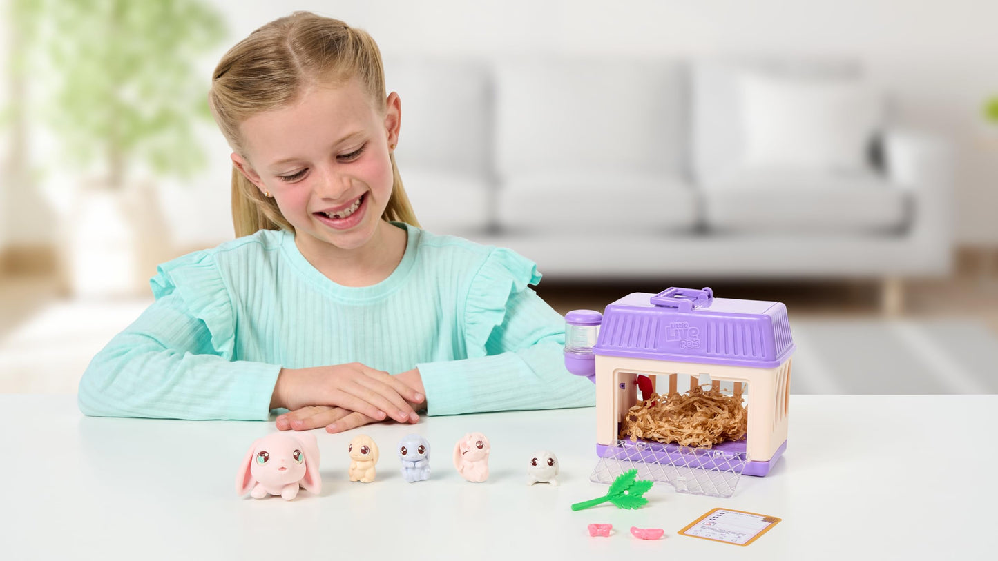 Little Live Pets - Mama Surprise Minis Bunny, take care of your hamster or bunny mom in her hutch and welcome 2, 3, or 4 mini babies.
