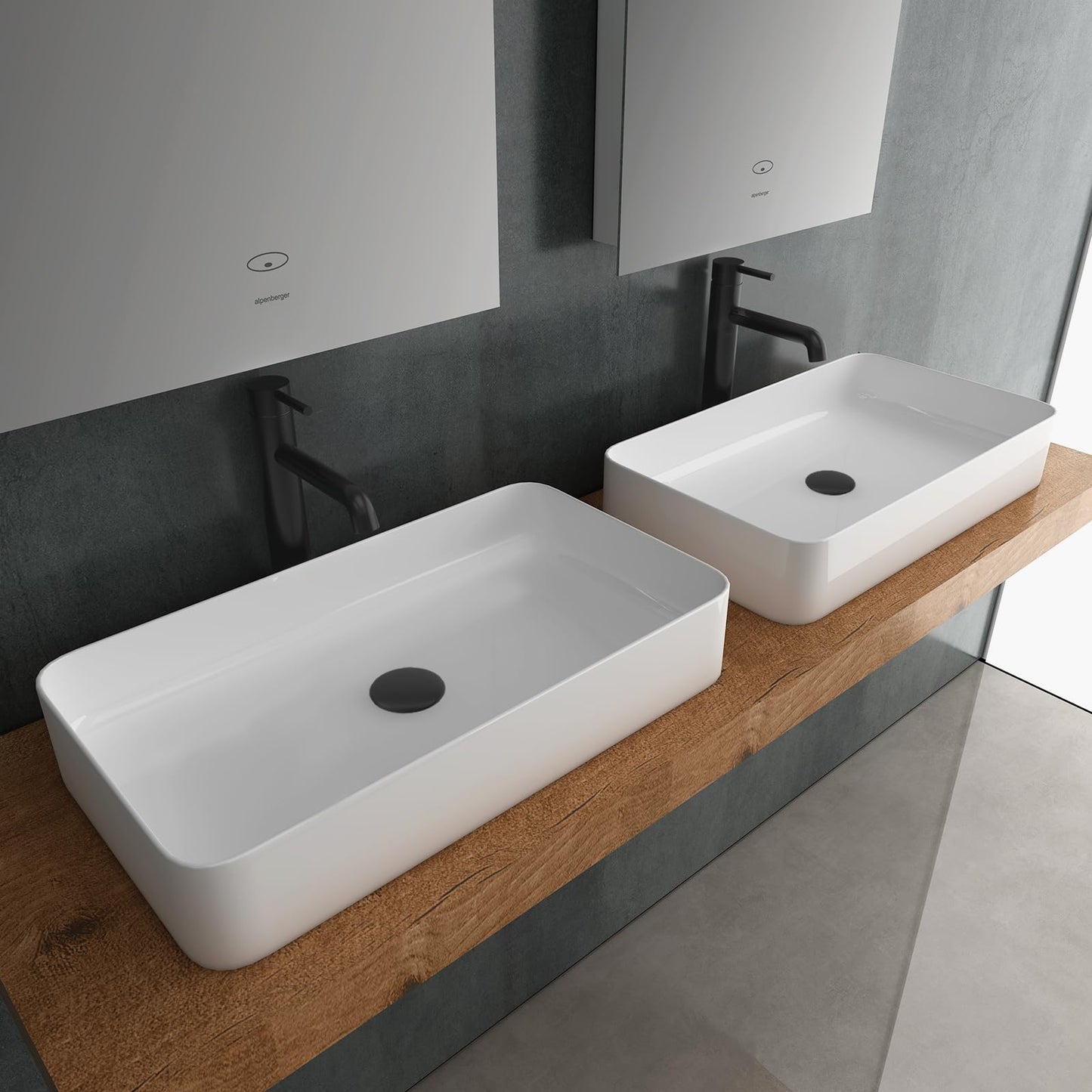 Alpenberger countertop washbasin 60 cm wide with Nano Coating | Clean ceramic basin square | Washbasin without faucet hole for bathroom & guest toilet | Modern design countertop washbowl without overflow