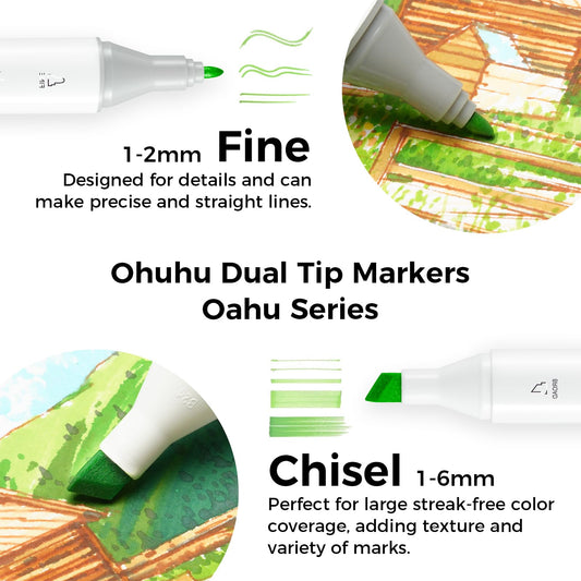 Ohuhu Marker Pen Set, Permanent Marker Set Chisel & Fine Double-Ended Art Sketch Twin Markers with Carry Bag for Painting, Coloring, Underlining, Ohuhu Series