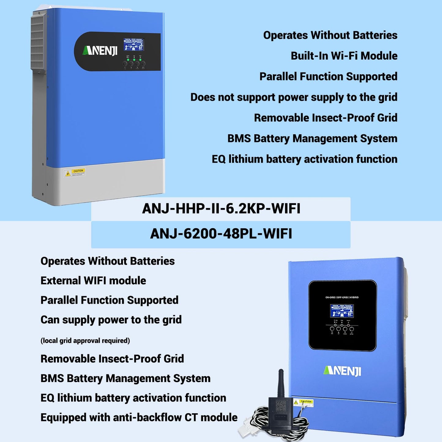 Aninerel 6200W Hybrid inverter 48V, battery-free operation, Parallel function, Max. PV 500Vdc Pure sine wave inverter 230V with 120A MPPT solar charge controller, For lithium batteries, with WiFi module