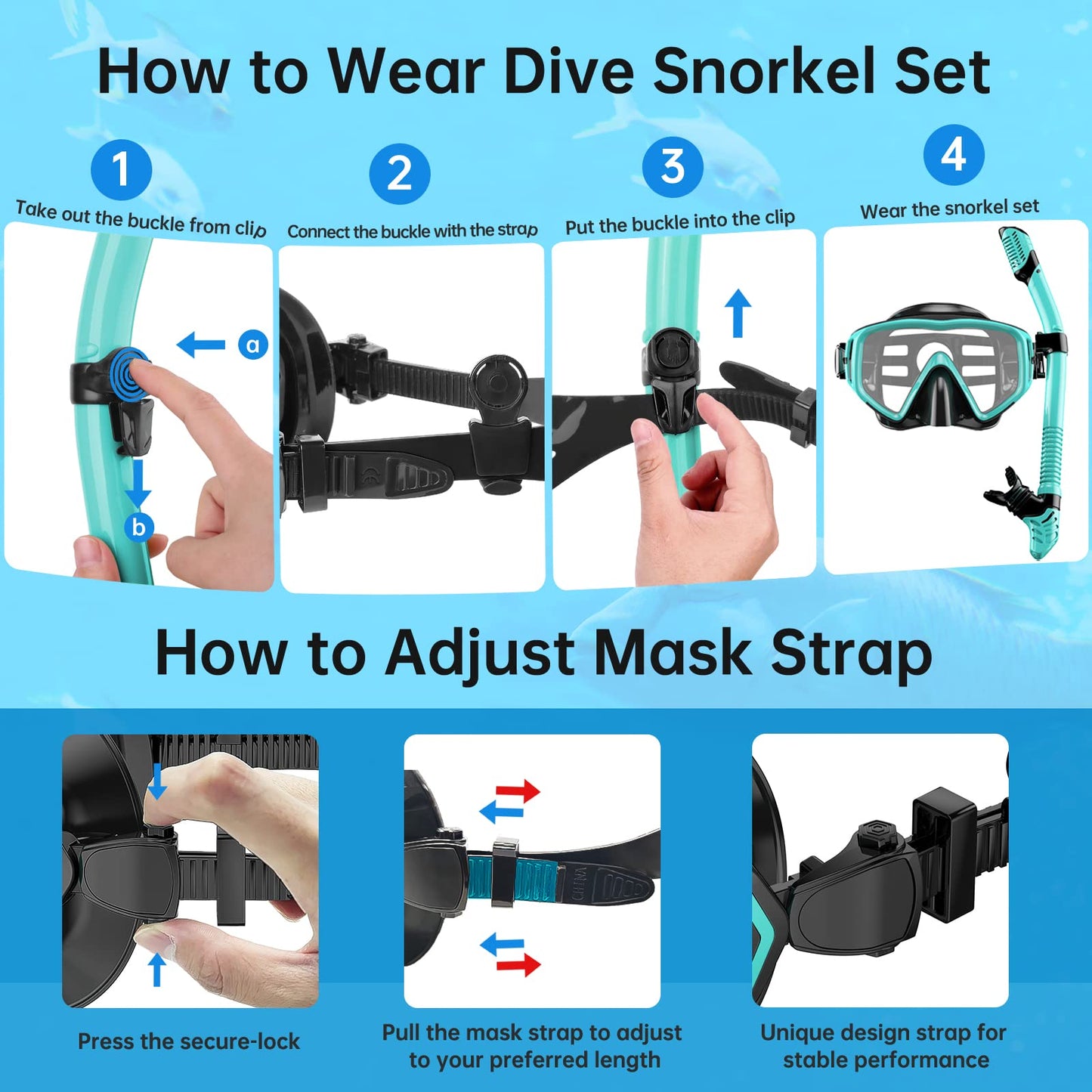 JEMULICE Adult Snorkel Set, with diving mask and dry snorkel for men and women, anti-leak & anti-fog tempered glass mask for diving, snorkeling, and swimming.