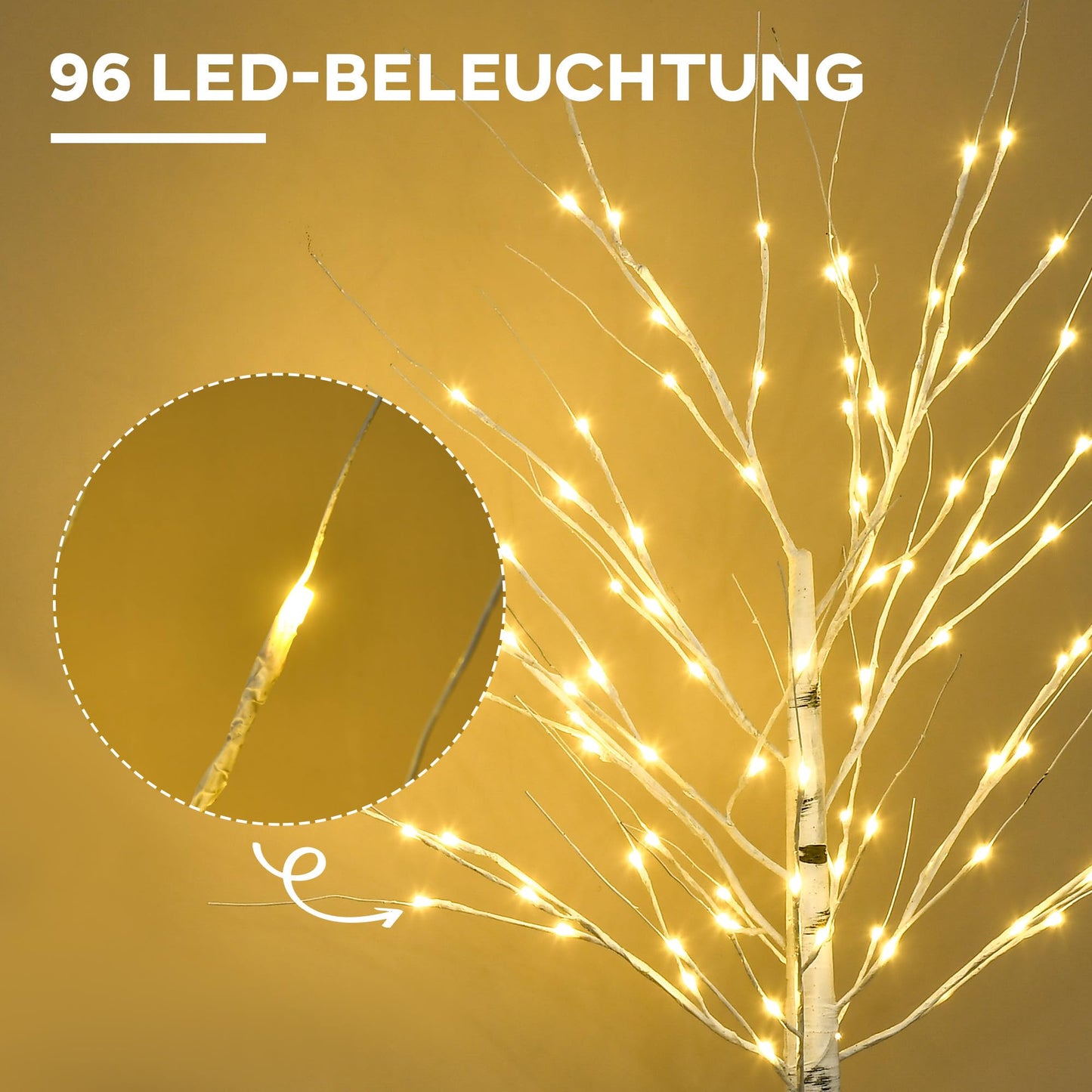 HOMCOM LED Light Tree 150 cm with 96 warm white LEDs, IP44 indoor/outdoor Christmas decoration in birch design artificial Christmas tree decorative light tree.