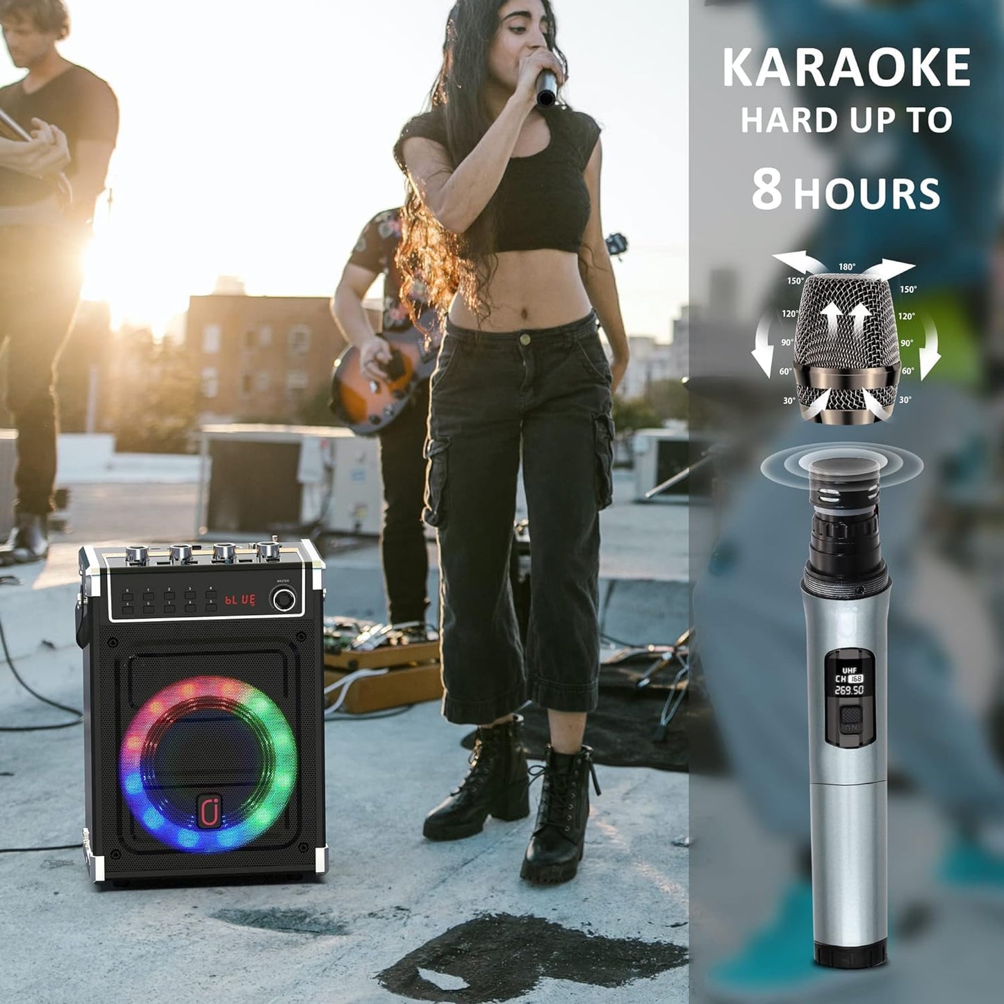 JYX Karaoke machine with 2 UHF wireless microphones, Bluetooth speaker with bass/treble control and LED lights, PA system support TWS, AUX in, FM, recording, perfect for parties/adults/kids.