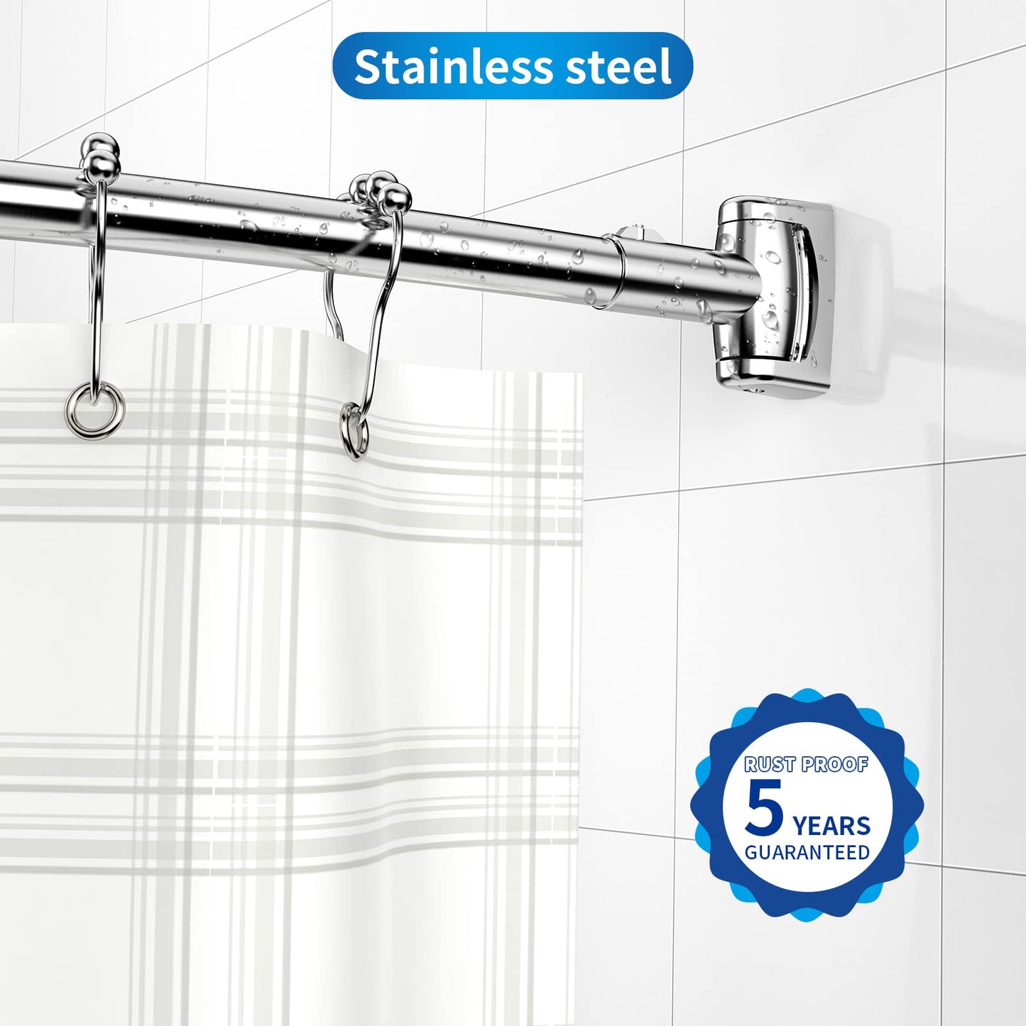 Curved shower curtain rod made of 304 stainless steel, includes 18 stainless steel curtain rings. Telescopic and adjustable from 110 to 180 cm for bathroom and bathtub, easy drill installation.