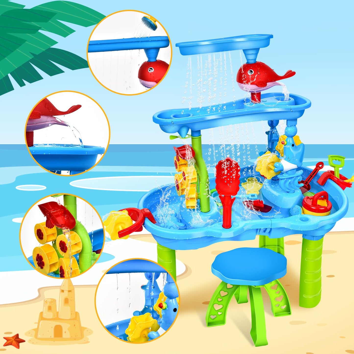 JONRRYIN Sand Water Table for Toddlers, 3-Tier Kids Sand Water Table Toy, Water Play Table Outdoor Beach Toy, Large Play Table Summer Water Toy for Boys Girls 3 4 5 6 7 Year