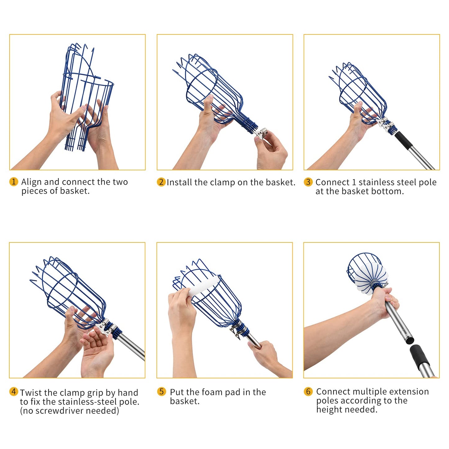 MaidMAX fruit picker with telescopic stainless steel handle 4 meters, apple picker with joint and foam pad, gripper with basket for fruit apple orange, light stable and space-saving.