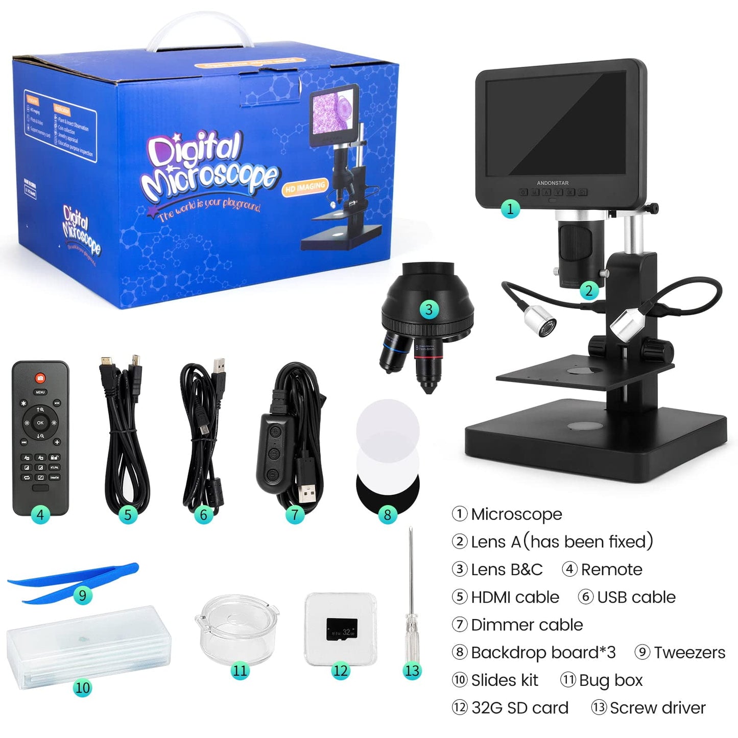 Andonstar AD246S-P HDMI digital microscope with 7-inch screen, 4000 x 2160P UHD video recording, 3 lens for coin errors, biological microscope kit for adults.