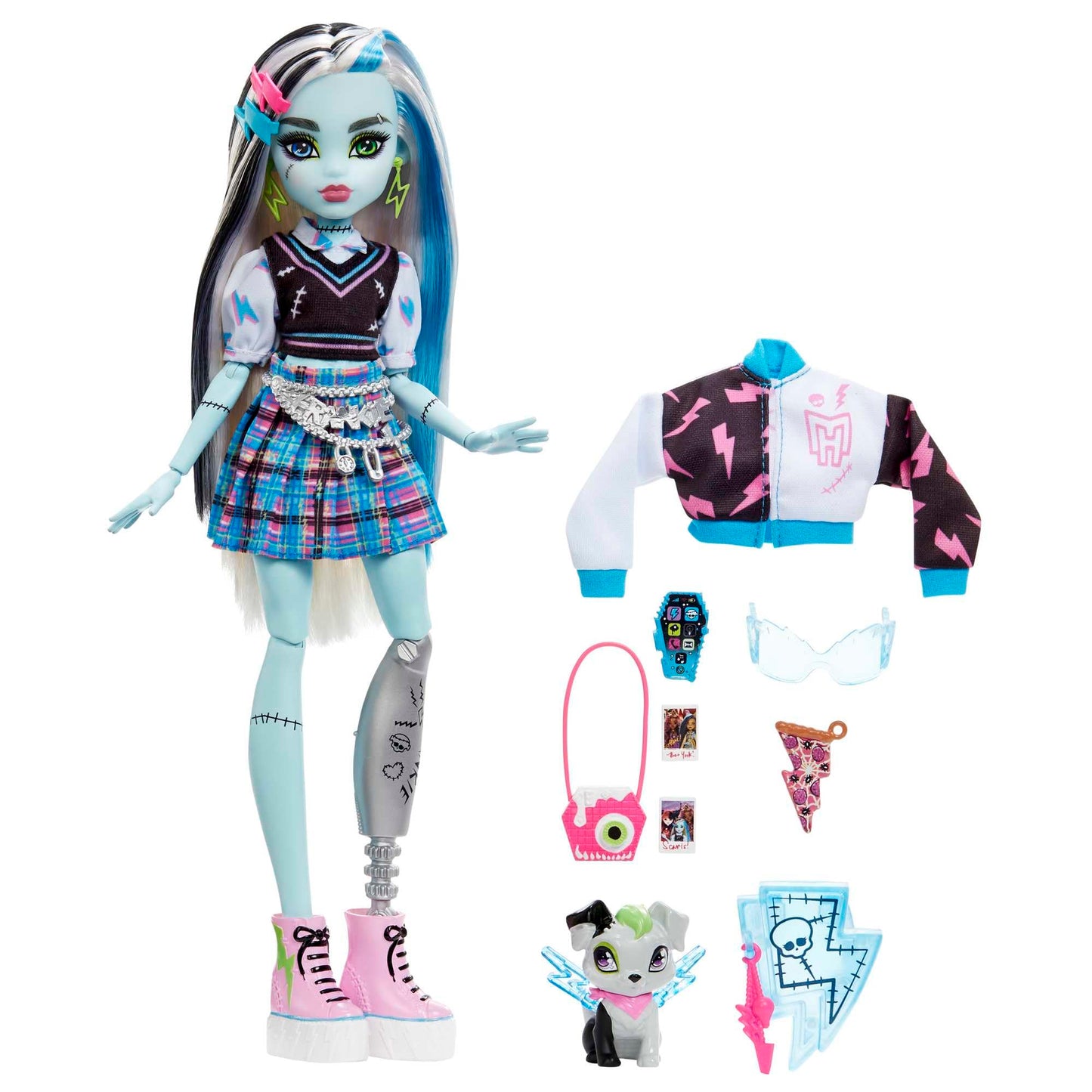 Monster High Frankie Doll, Electrifying Fashion, Voltageous College Jacket, creepy accessories, flexible body, for kids ages 4+, HHK53