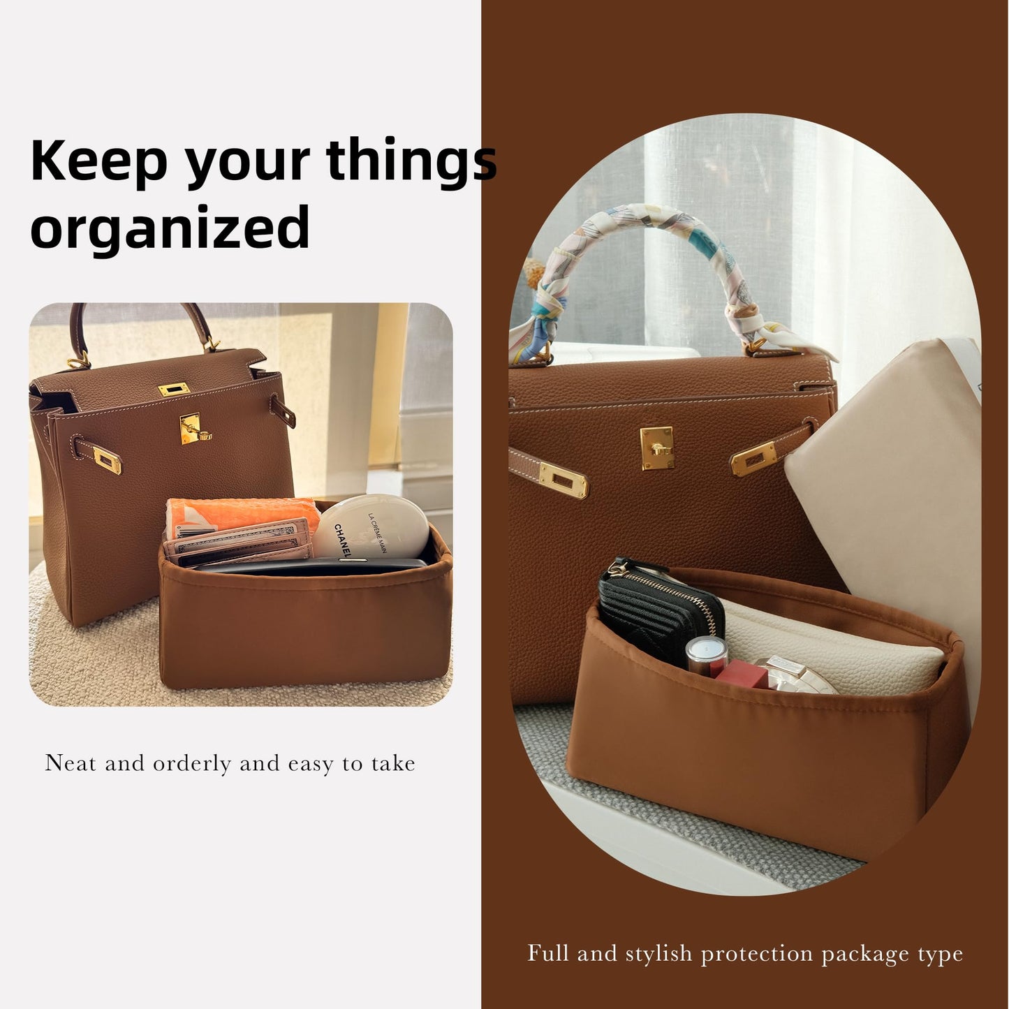 DGAZ Handbag Purse Organizer, Silk Inner Pockets for Kelly Pochette/Mini/25/28/32/35, Bag Organizer Insert for Women's Handbags (Gold, KL25)