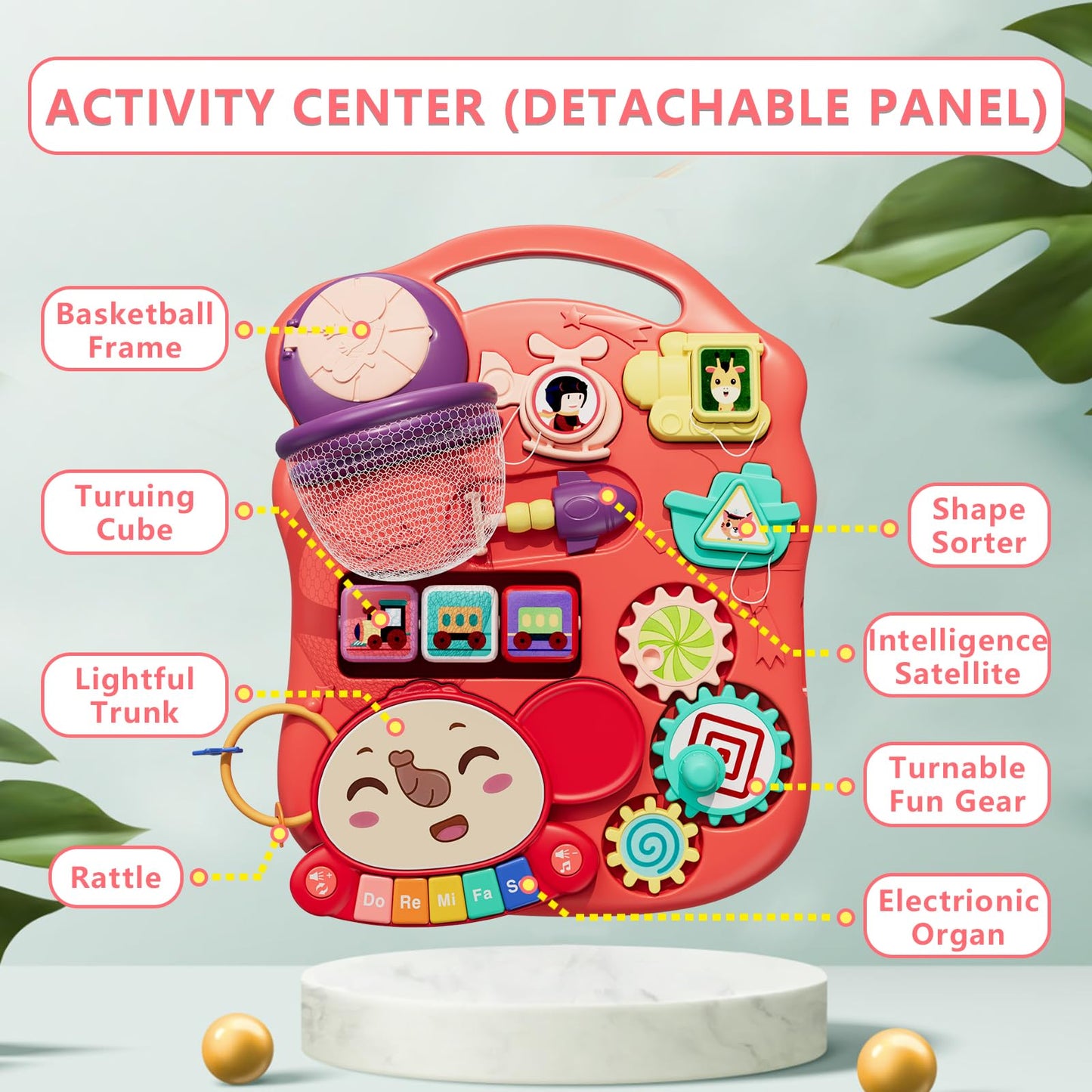 HYES 5 in 1 baby walker, baby play and walking aid with music and detachable play board, walking baby walker toy, for children aged 3-30+ months, red