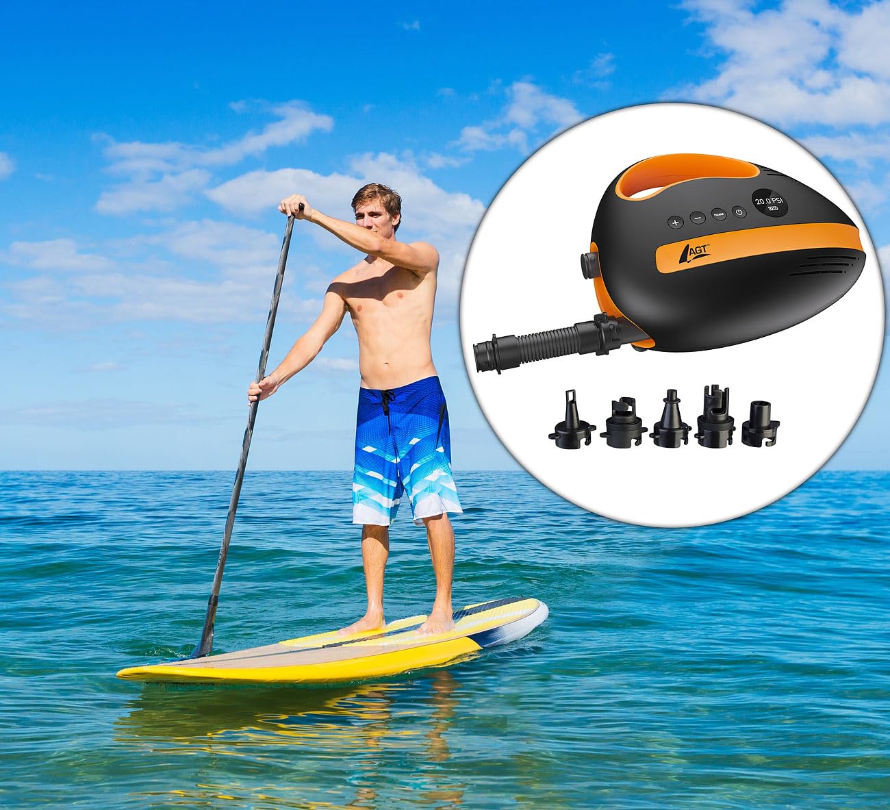 AGT SUP Battery Pump: Battery-operated air pump for SUP boards, 350 l/min, 3X 4,000 mAh, USB, 12V (Accu pump for compressor, electric)
