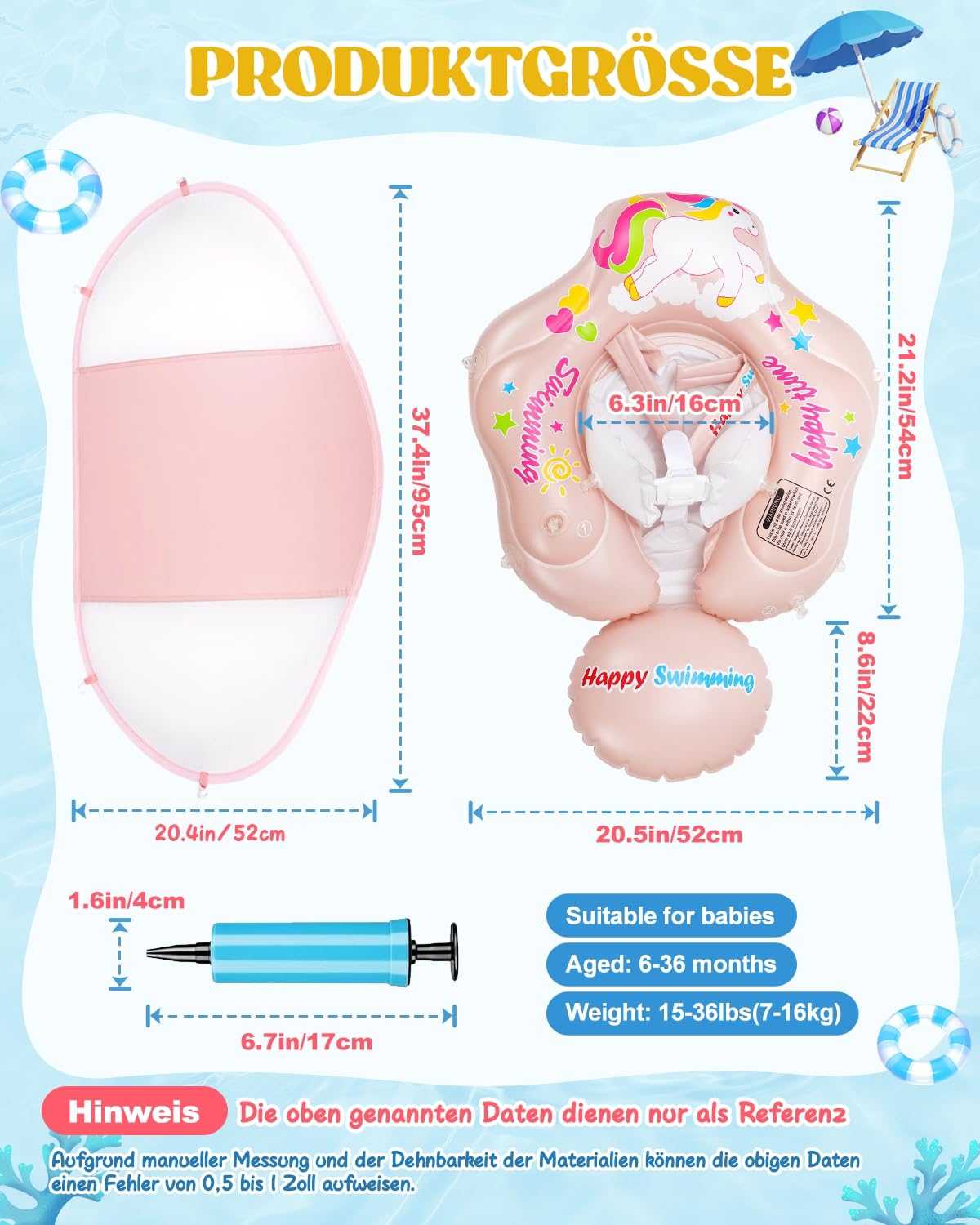 Baby swim ring with UPF50+ sun canopy, removable inflatable swim seat swim trainer, adjustable safety seat, baby swim aid for 3-36 months.
