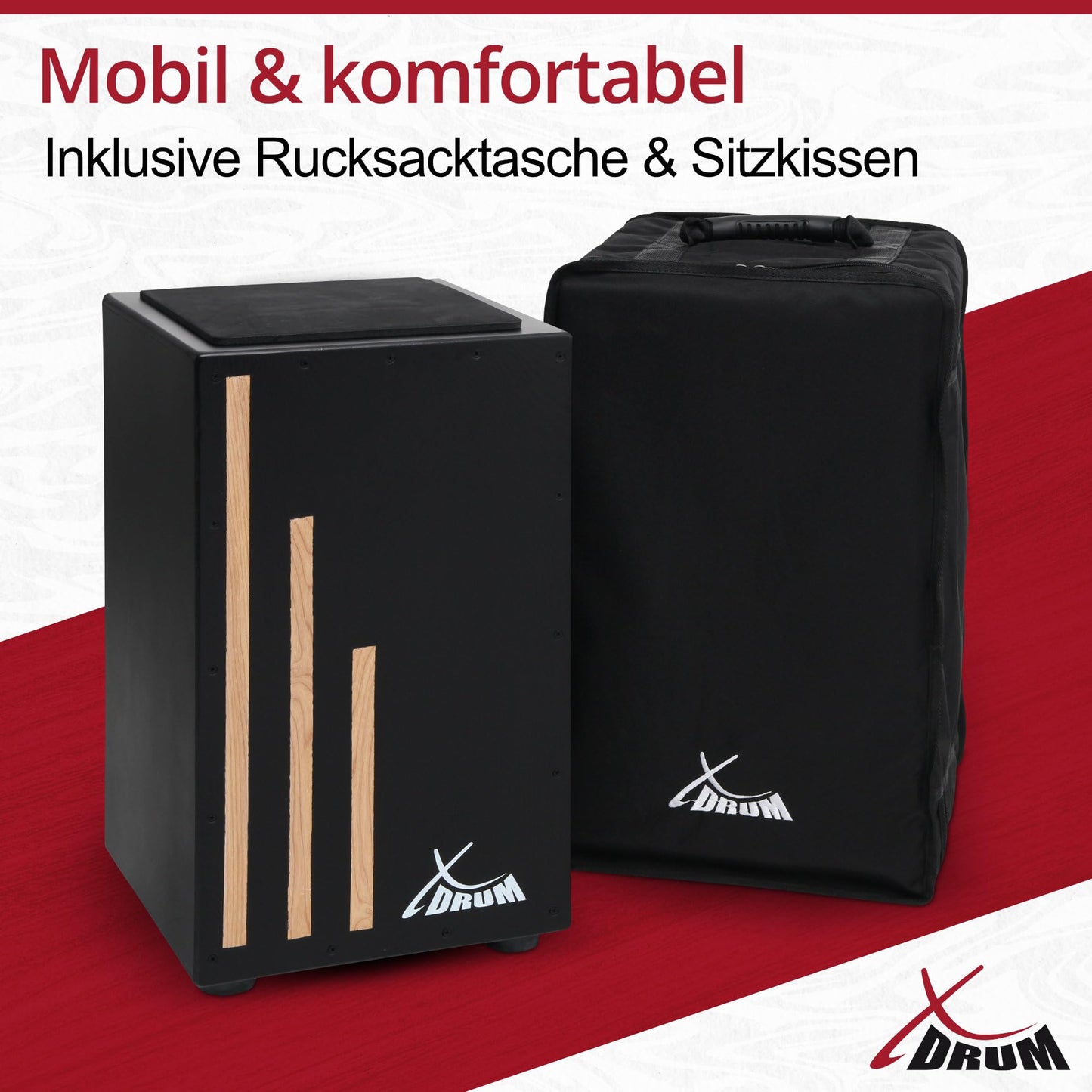 XDrum Cajon Primero Black - crate drum including backpack and school - drum box with snare sound - wooden drum box with gig bag