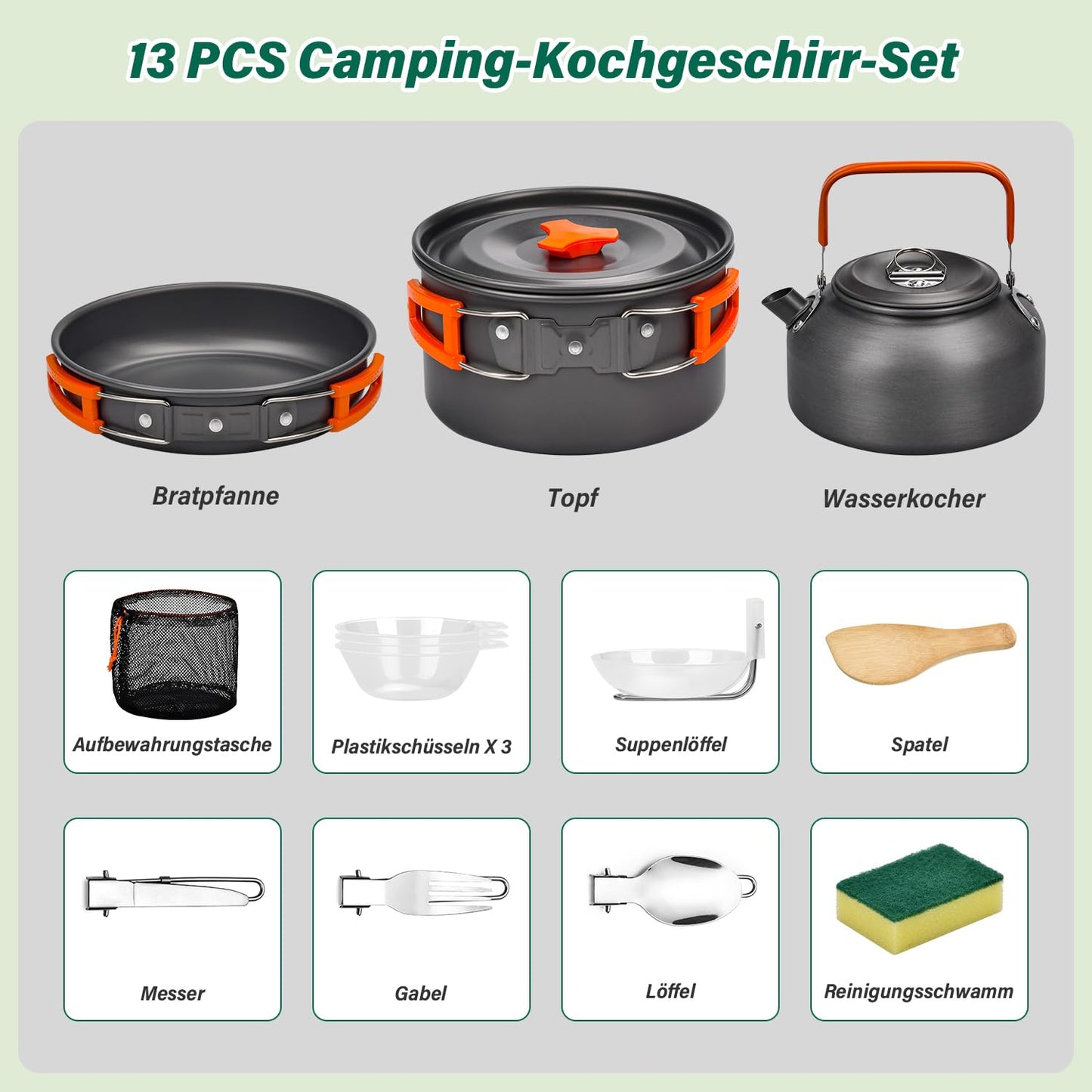 Onherm 13-Piece Camping Cookware Set, Foldable Outdoor Dinnerware Set with Camping Pot, Camping Pan, and Teapot for Hiking Outdoor Cooking Picnic 1-4 Person