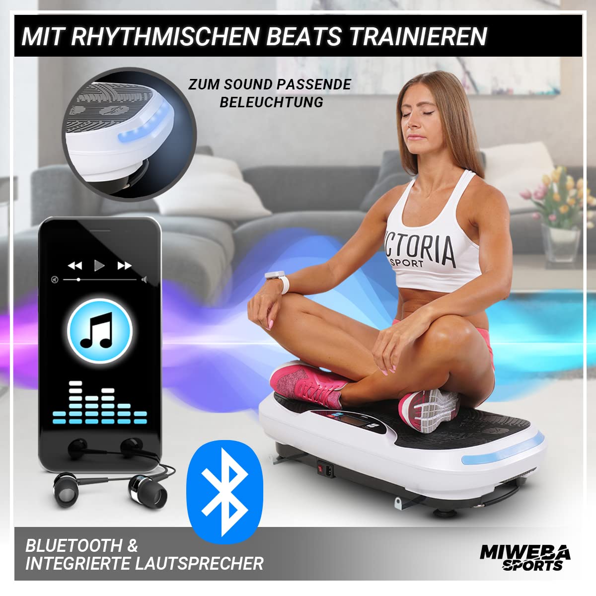Miweba Sports Fitness 4D Wave Vibration Plate MV300 | 3 Horsepower Engine - 800 Watts - Wrist Remote Control - Bluetooth - Weight Loss - Fat Burner - Home Fitness Equipment (Black)
