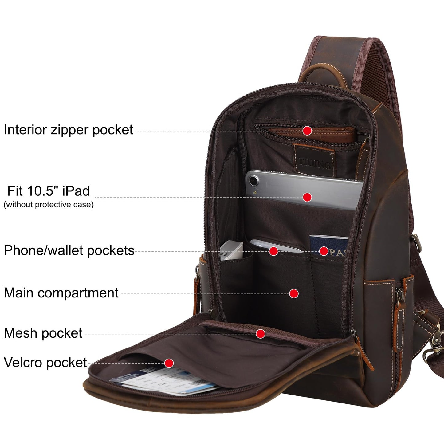 TIDING Men's Small Leather Crossbody Shoulder Bag Sling Bag Chest Bag Anti-Theft Bags for Outdoor, Camping, Travel