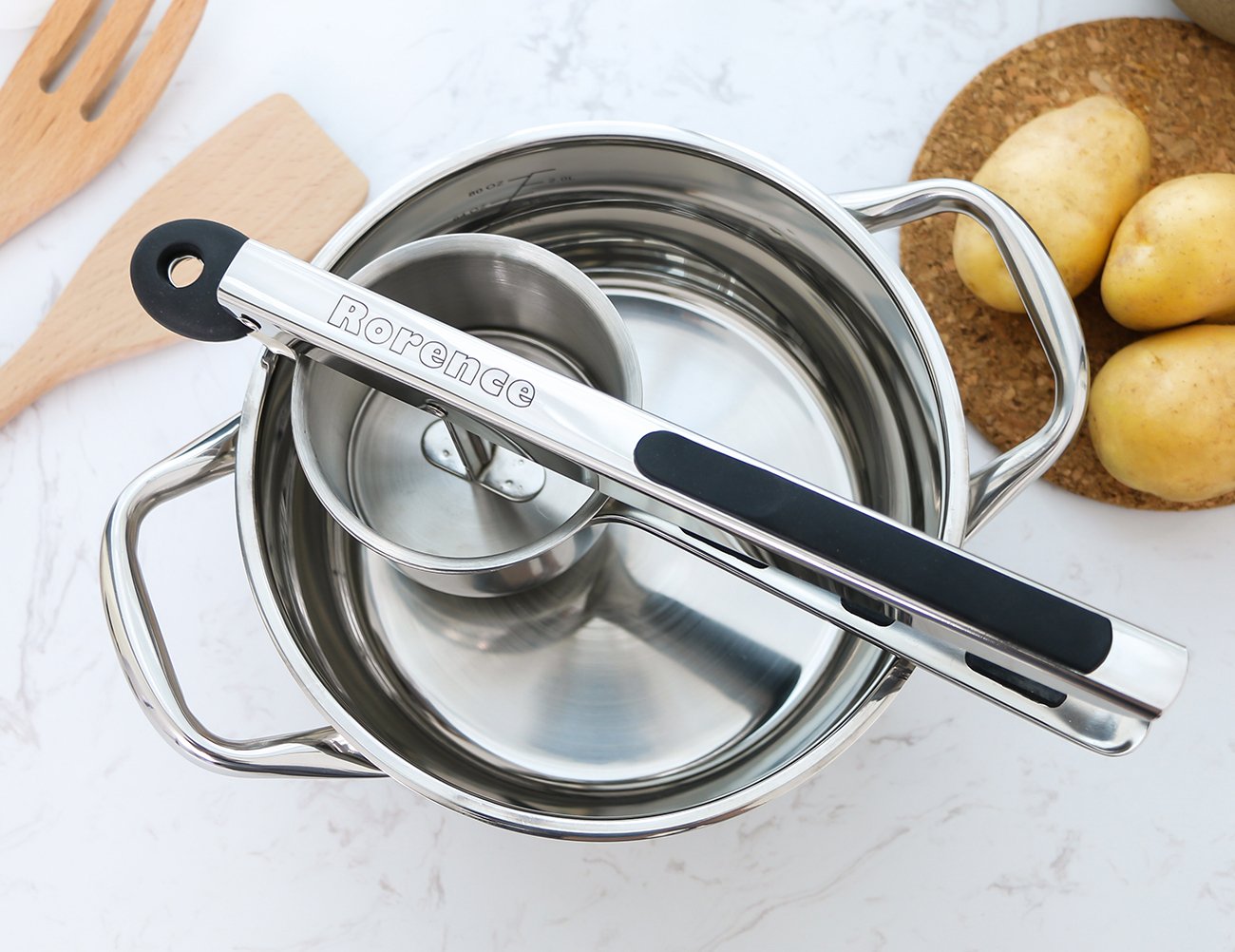 Rorence stainless steel potato masher with 3 interchangeable discs & inner cup & silicone grips (Black)