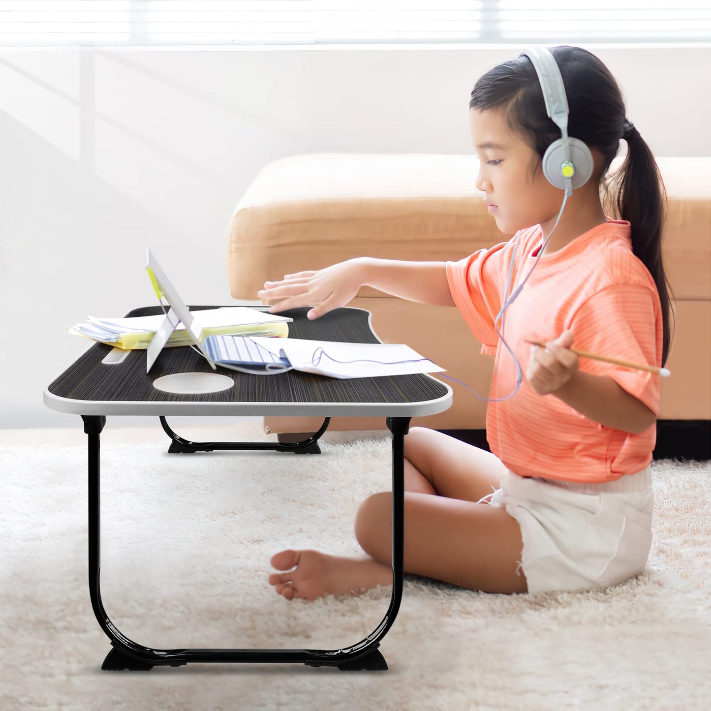 AirOpen laptop table for bed, foldable bed table with 4 USB charging ports, drawer, tablet stand, cup holder, carrying handle, laptop desk for bed, sofa, couch, floor (60 x 40 cm, black)