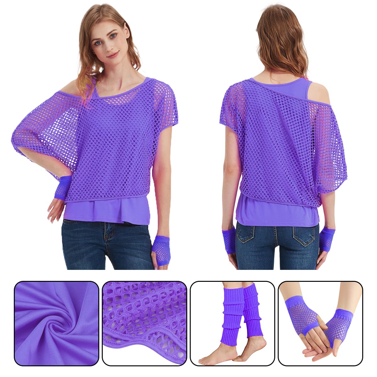 WILDPARTY 80s 90s Outfit Women, Mesh Shirt, Tank top, Leg warmers, Fishnet gloves, Costume 80s Mesh top Women Tops Neon Shirt 80s Aerobic Outfit Clothing Theme Party Clothes