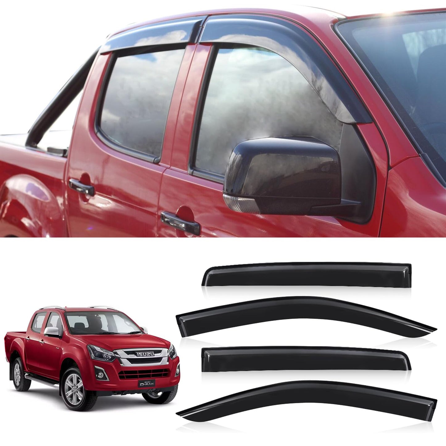 JHCHAN wind deflectors for Isuzu D-Max 2012-2019 V-Cross LSE LS L double cab, smoke grey side window deflectors 4 pieces (D-max 2012-2019)