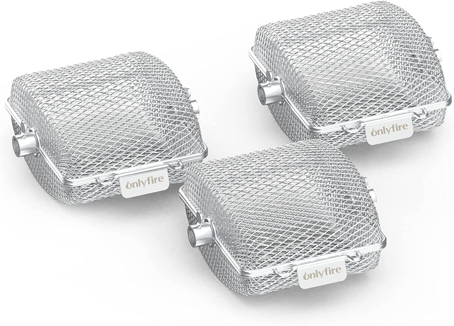 Onlyfire Universal Stainless Steel Grill Basket for Rotisserie, Rotisserie Grill Rack for Skewer, Skewer Basket for Potato Wedges and Vegetable Cubes, 19.2 x 17.5 x 10 cm, 3 pieces.