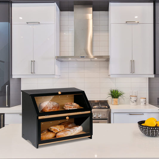 Leader Accessories Bamboo Bread Box 2 Tier Bread Container food safe Bread Storage easy to clean 39x25x32cm Black